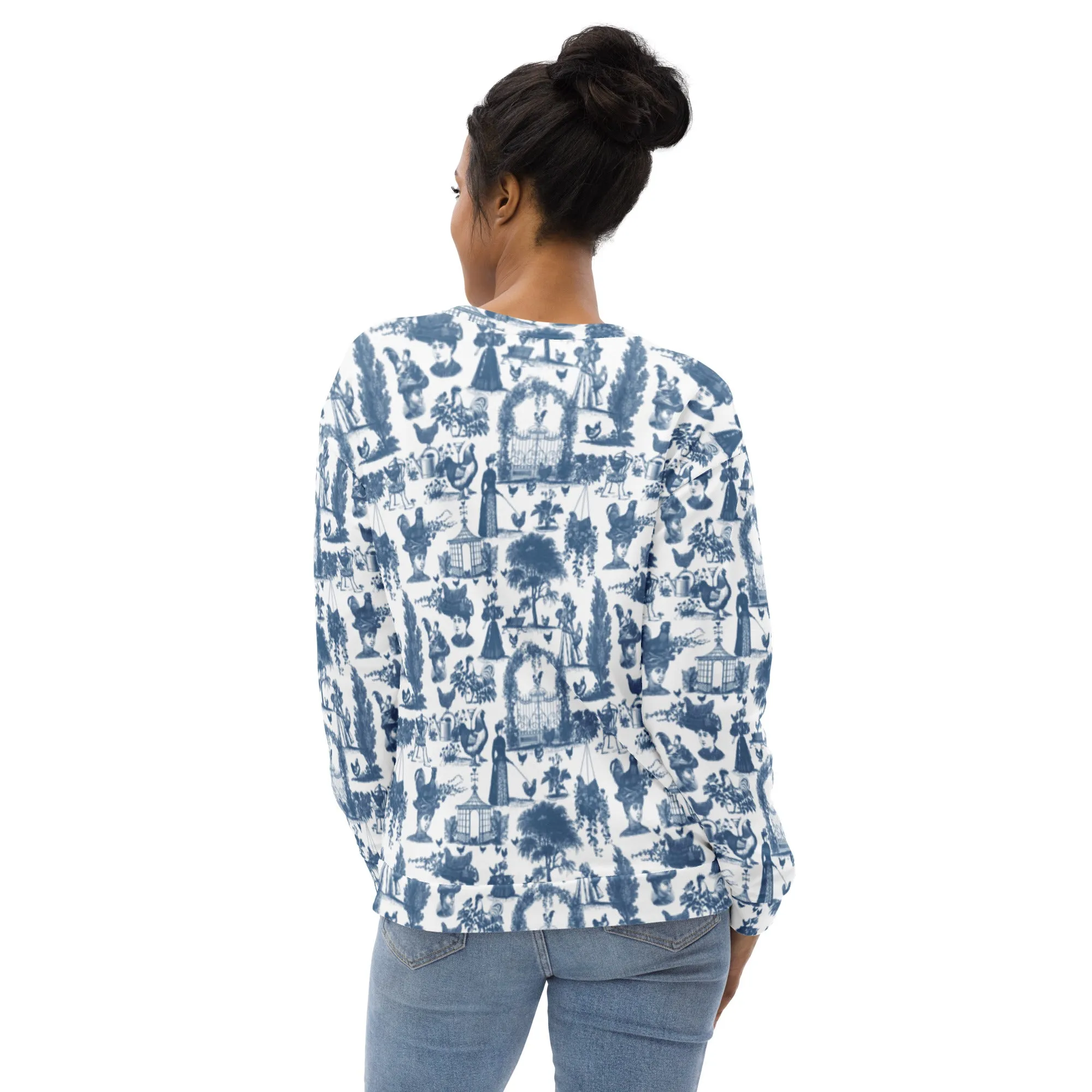 Chicken Lady Toile Crewneck, cornflower