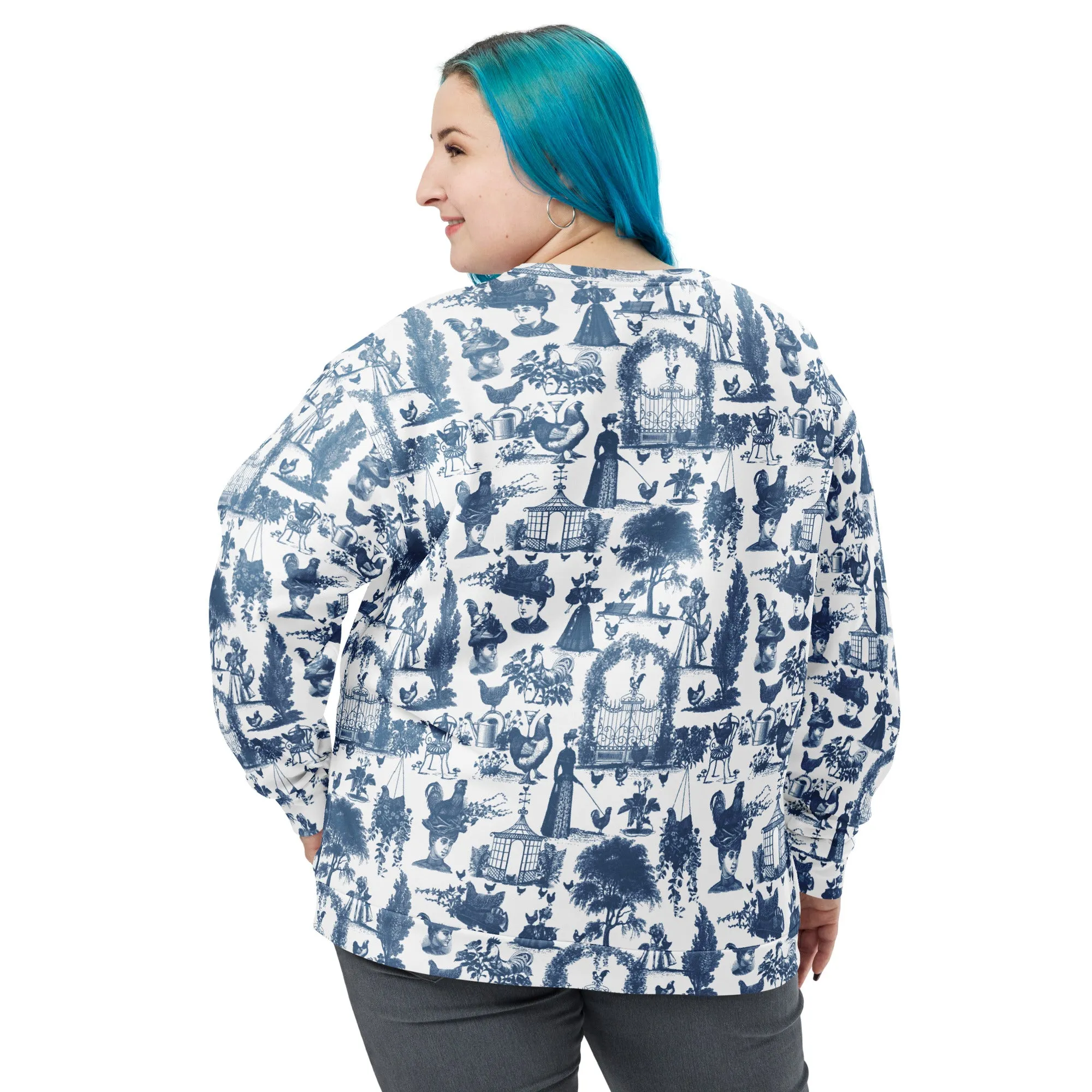 Chicken Lady Toile Crewneck, cornflower