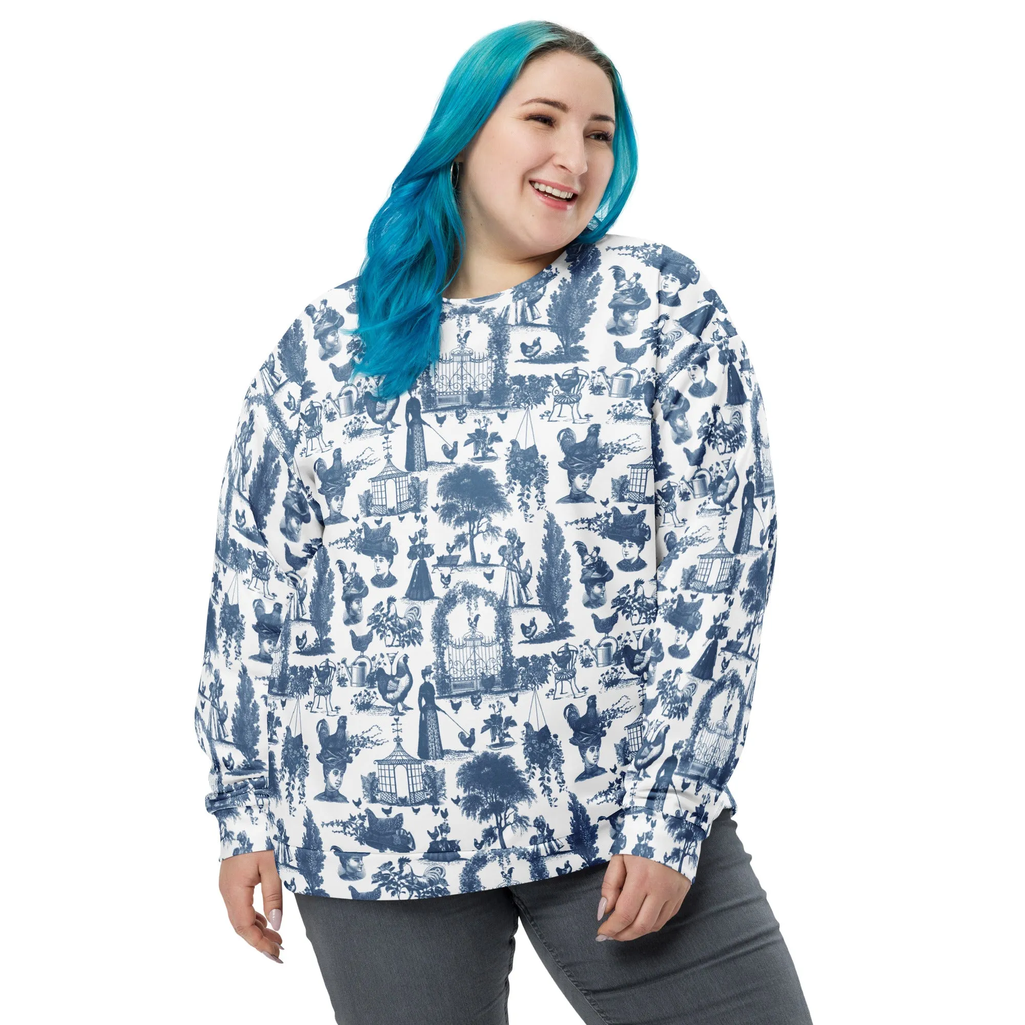 Chicken Lady Toile Crewneck, cornflower