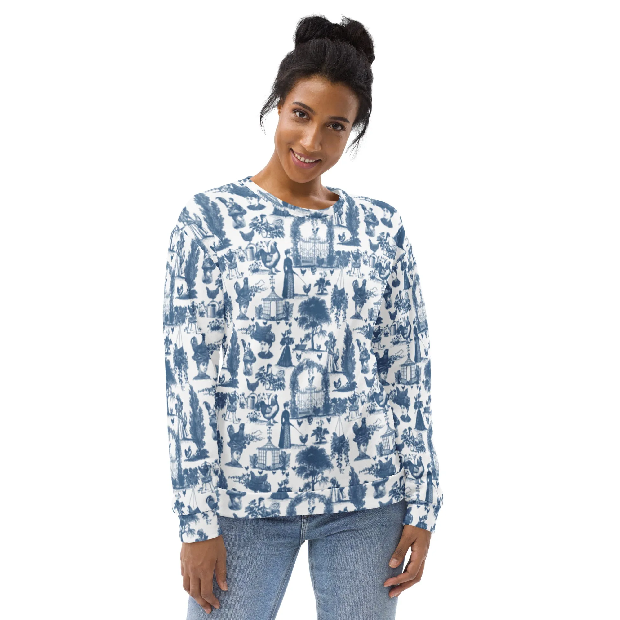Chicken Lady Toile Crewneck, cornflower