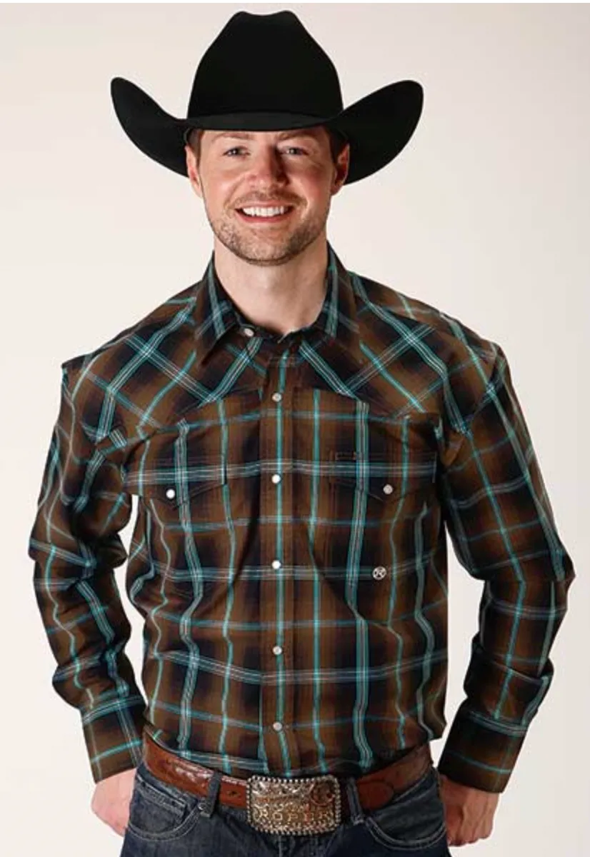 CL03-001-0278-1049 Mens L/S Shirt Roper- Dark Chocolate Plaid
