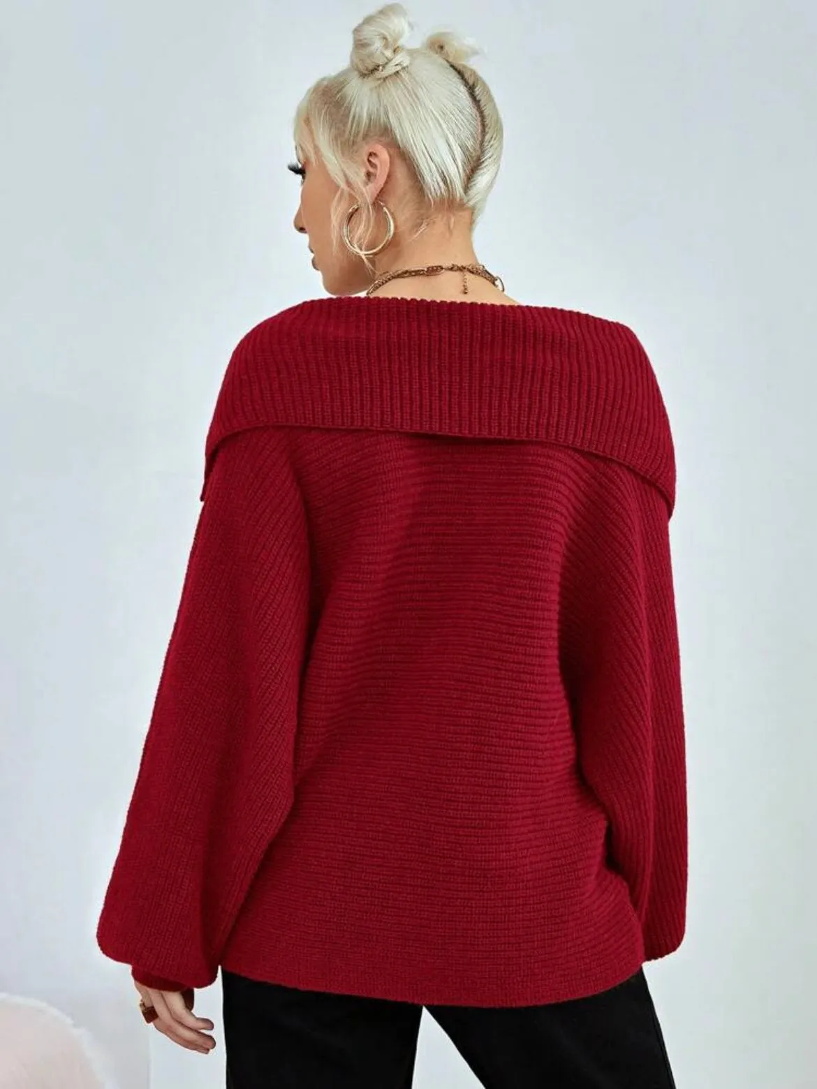 CM-CS285837 Women Casual Seoul Style Loose Fold Collared Bishop Sleeve Sweater - Red