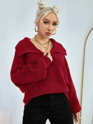 CM-CS285837 Women Casual Seoul Style Loose Fold Collared Bishop Sleeve Sweater - Red