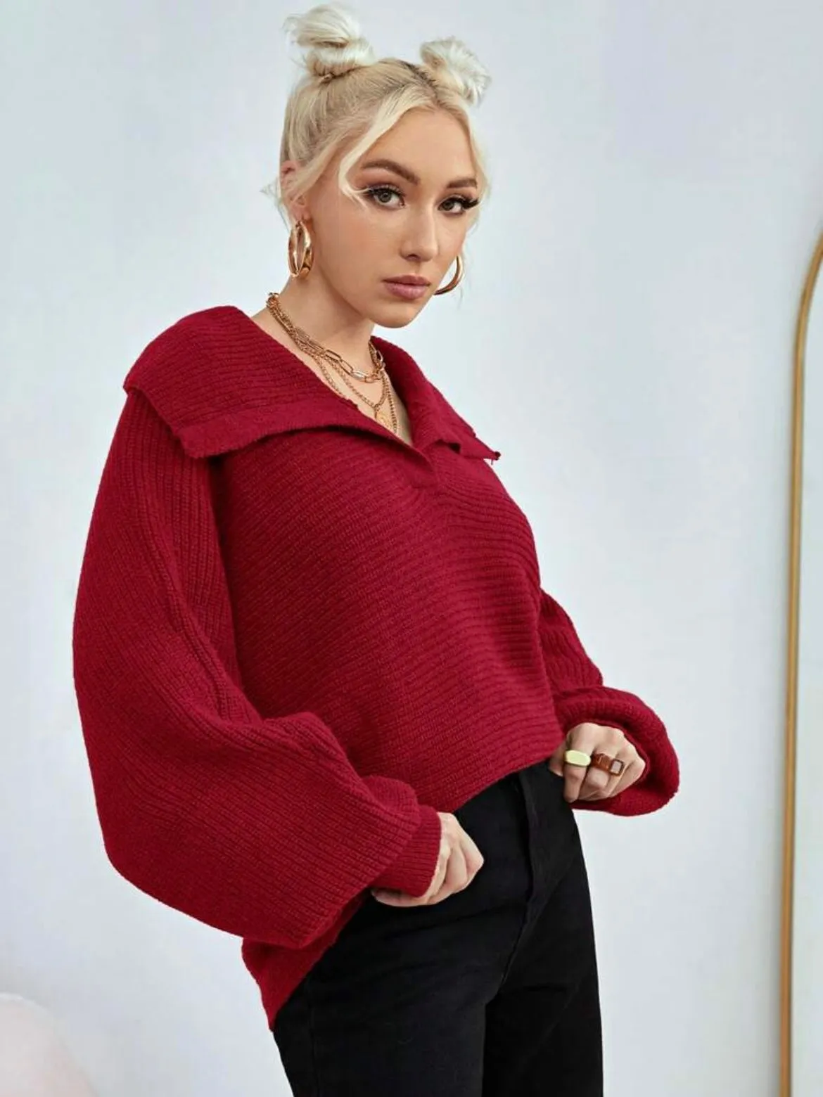 CM-CS285837 Women Casual Seoul Style Loose Fold Collared Bishop Sleeve Sweater - Red