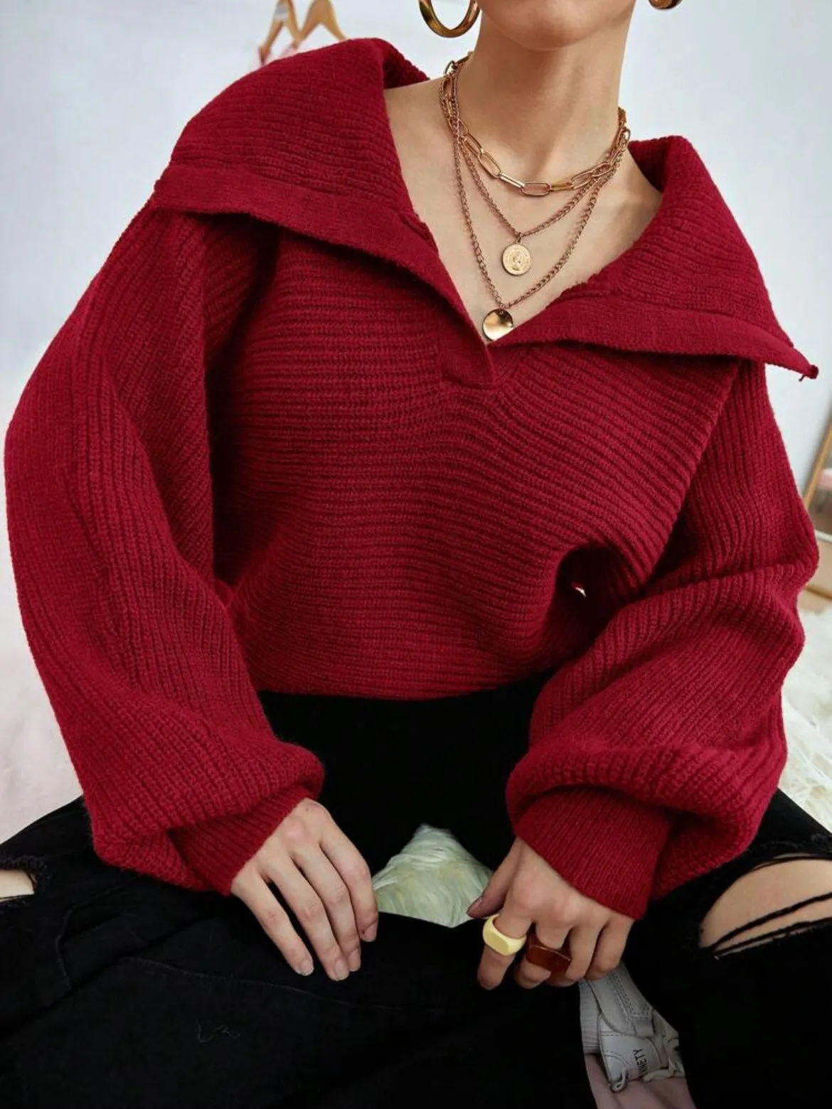 CM-CS285837 Women Casual Seoul Style Loose Fold Collared Bishop Sleeve Sweater - Red
