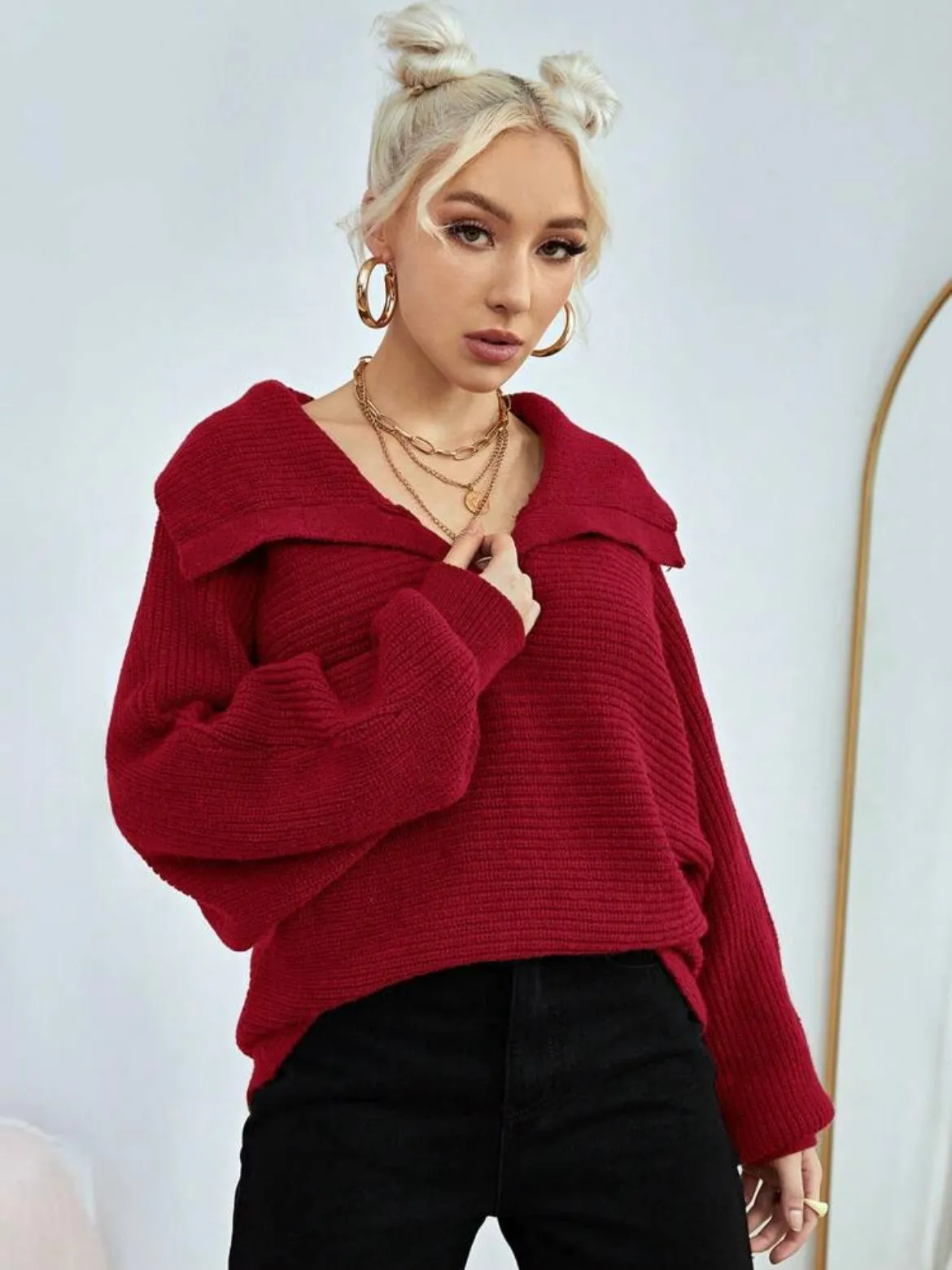 CM-CS285837 Women Casual Seoul Style Loose Fold Collared Bishop Sleeve Sweater - Red
