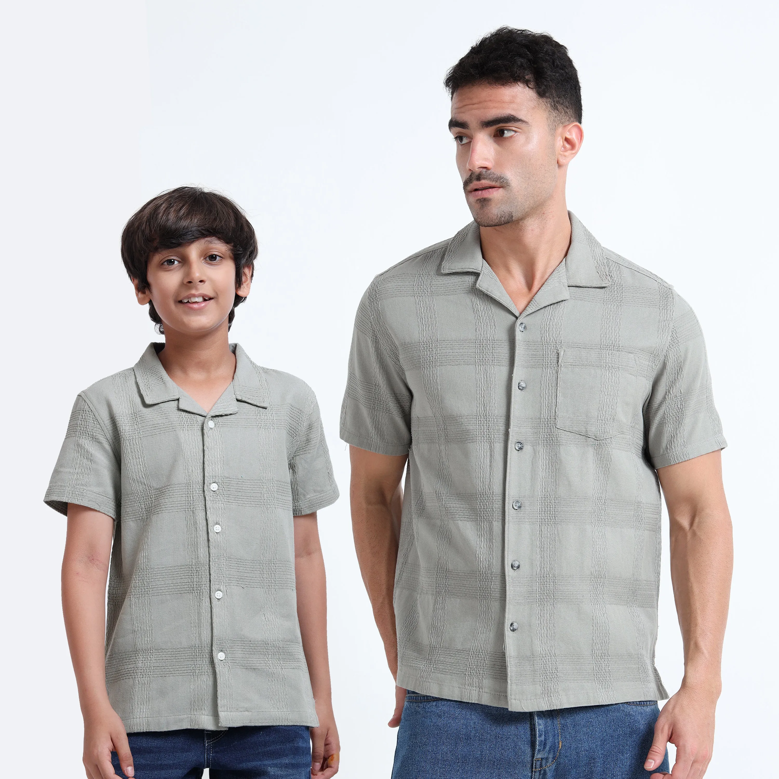 Dad & Son Half Sleeve Textured Resort Twinning Set Grey Olive