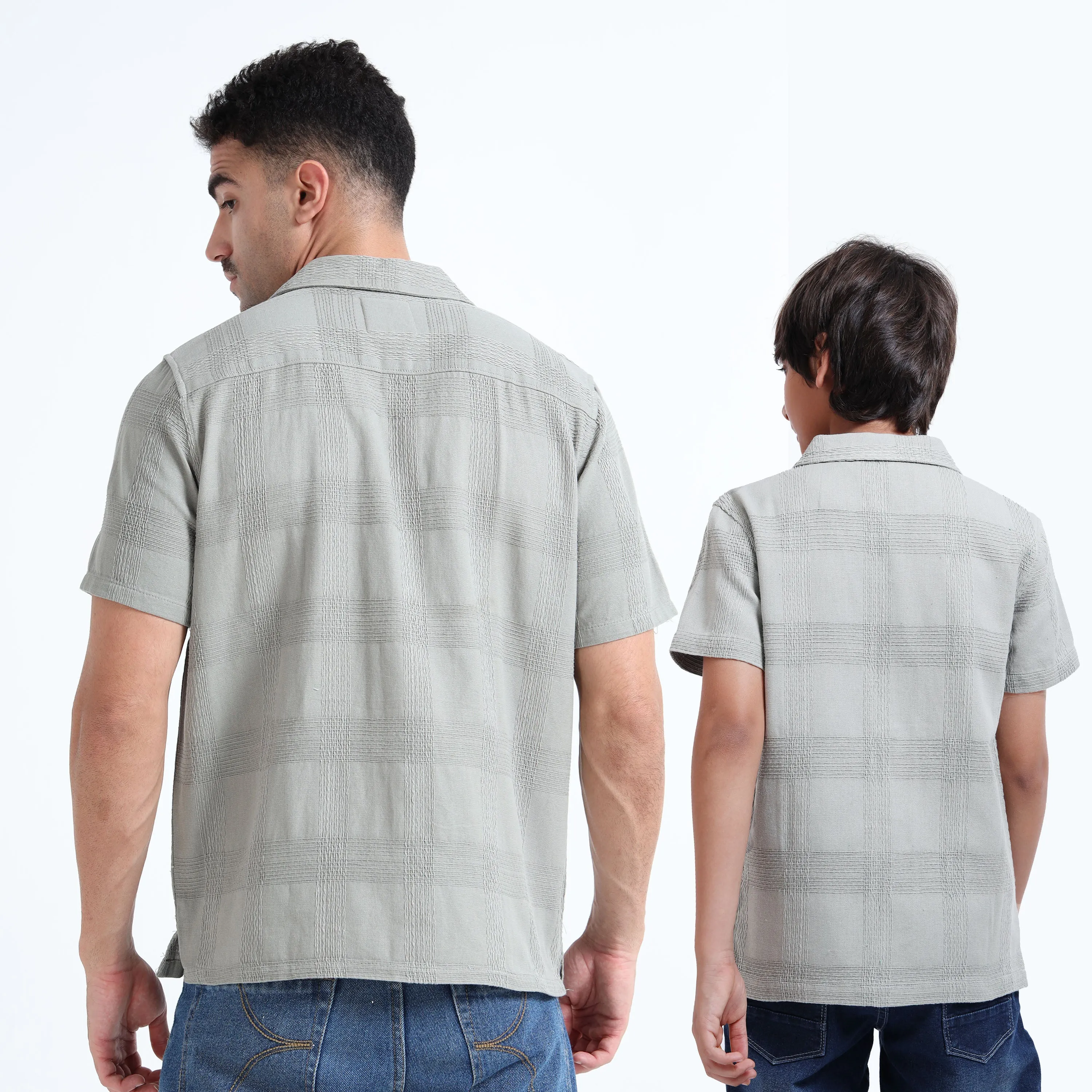 Dad & Son Half Sleeve Textured Resort Twinning Set Grey Olive
