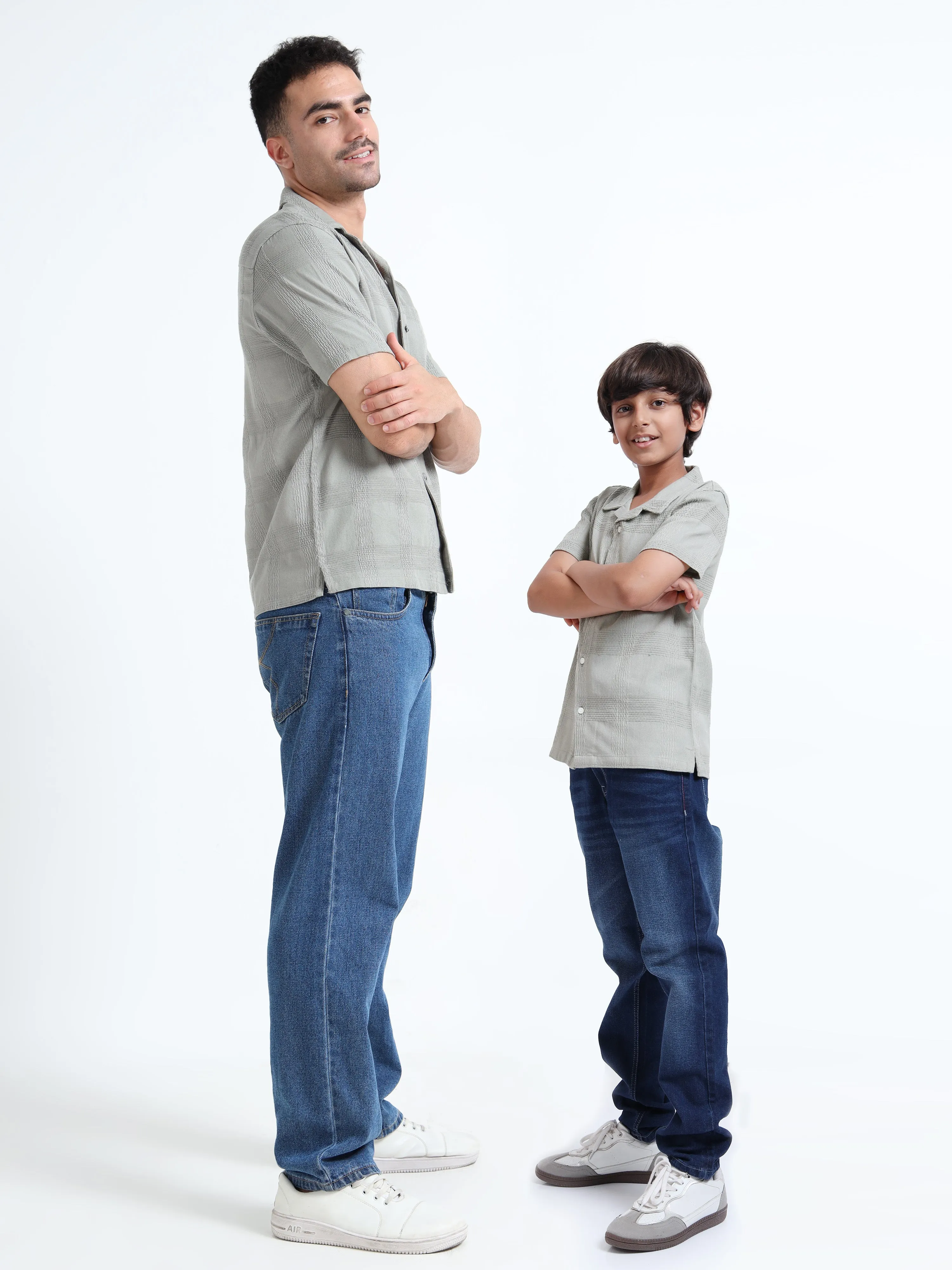 Dad & Son Half Sleeve Textured Resort Twinning Set Grey Olive