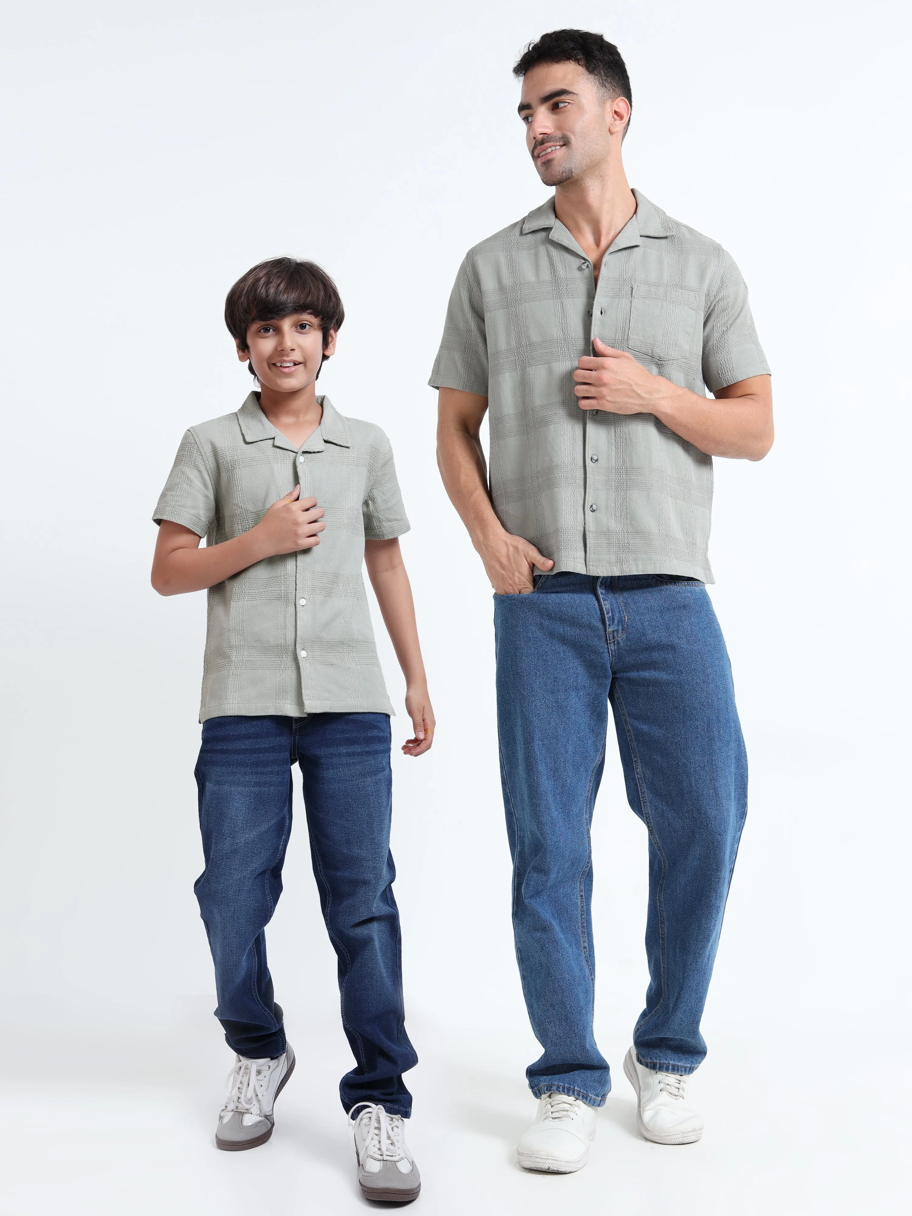 Dad & Son Half Sleeve Textured Resort Twinning Set Grey Olive