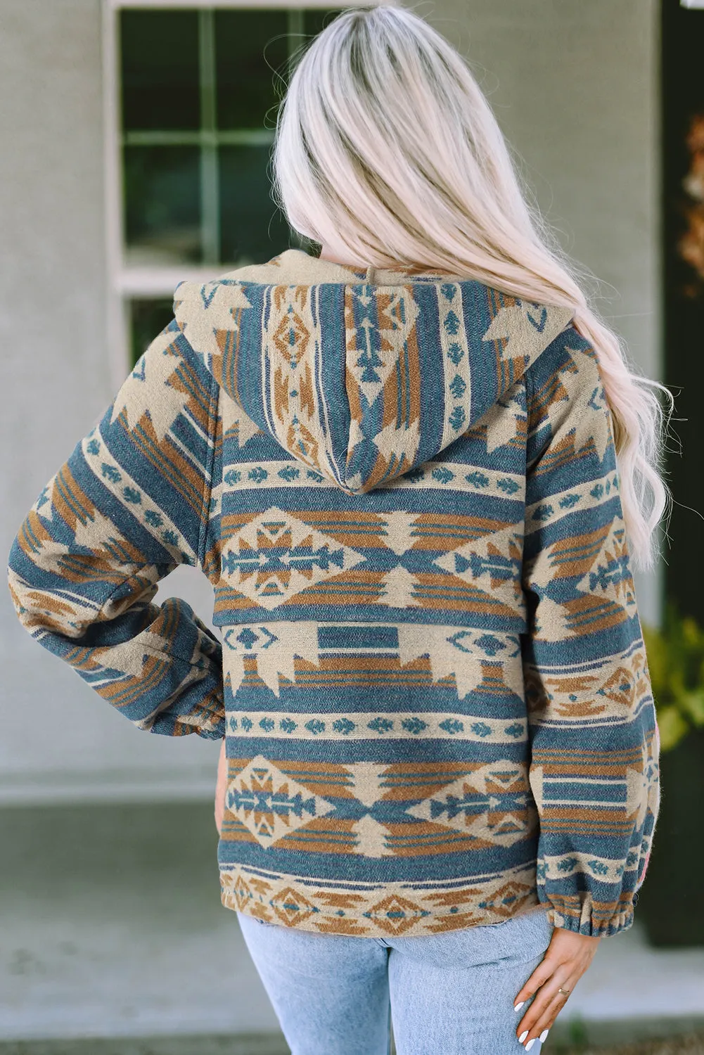 Dark Blue Aztec Printed Kangaroo Pocket Zipped Hoodie