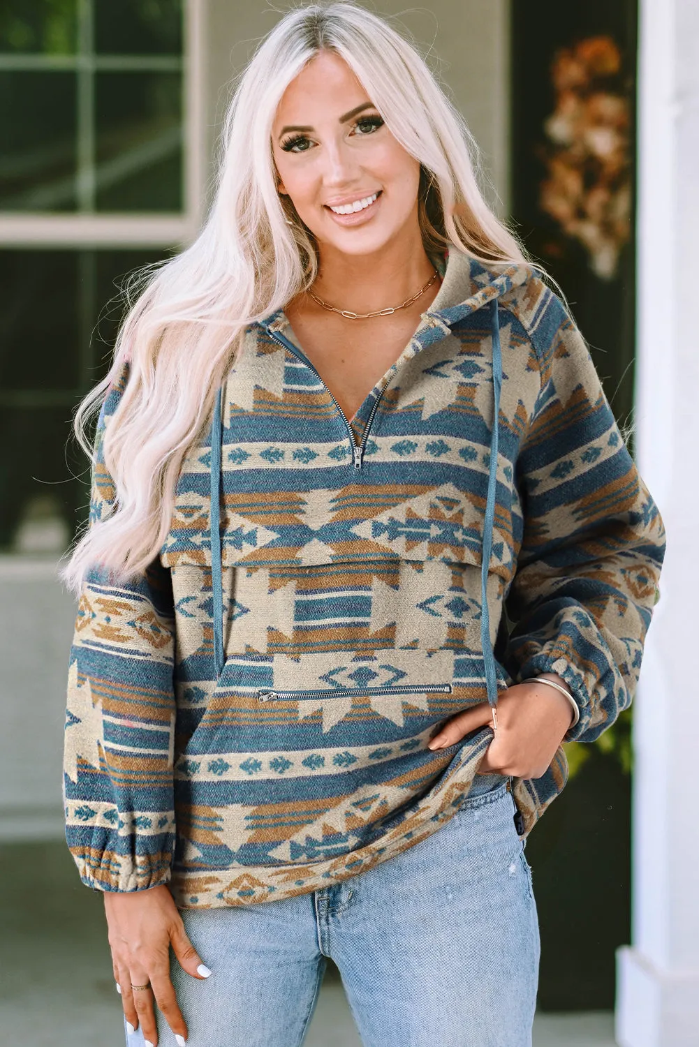 Dark Blue Aztec Printed Kangaroo Pocket Zipped Hoodie