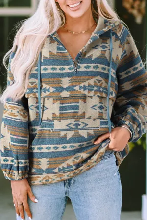 Dark Blue Aztec Printed Kangaroo Pocket Zipped Hoodie