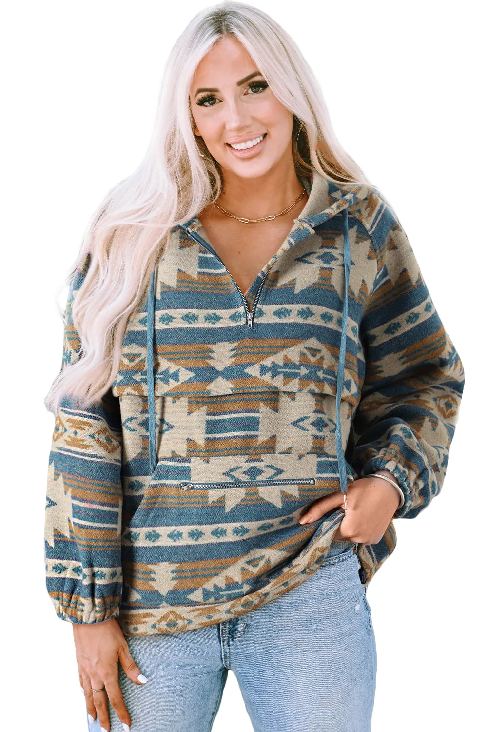 Dark Blue Aztec Printed Kangaroo Pocket Zipped Hoodie