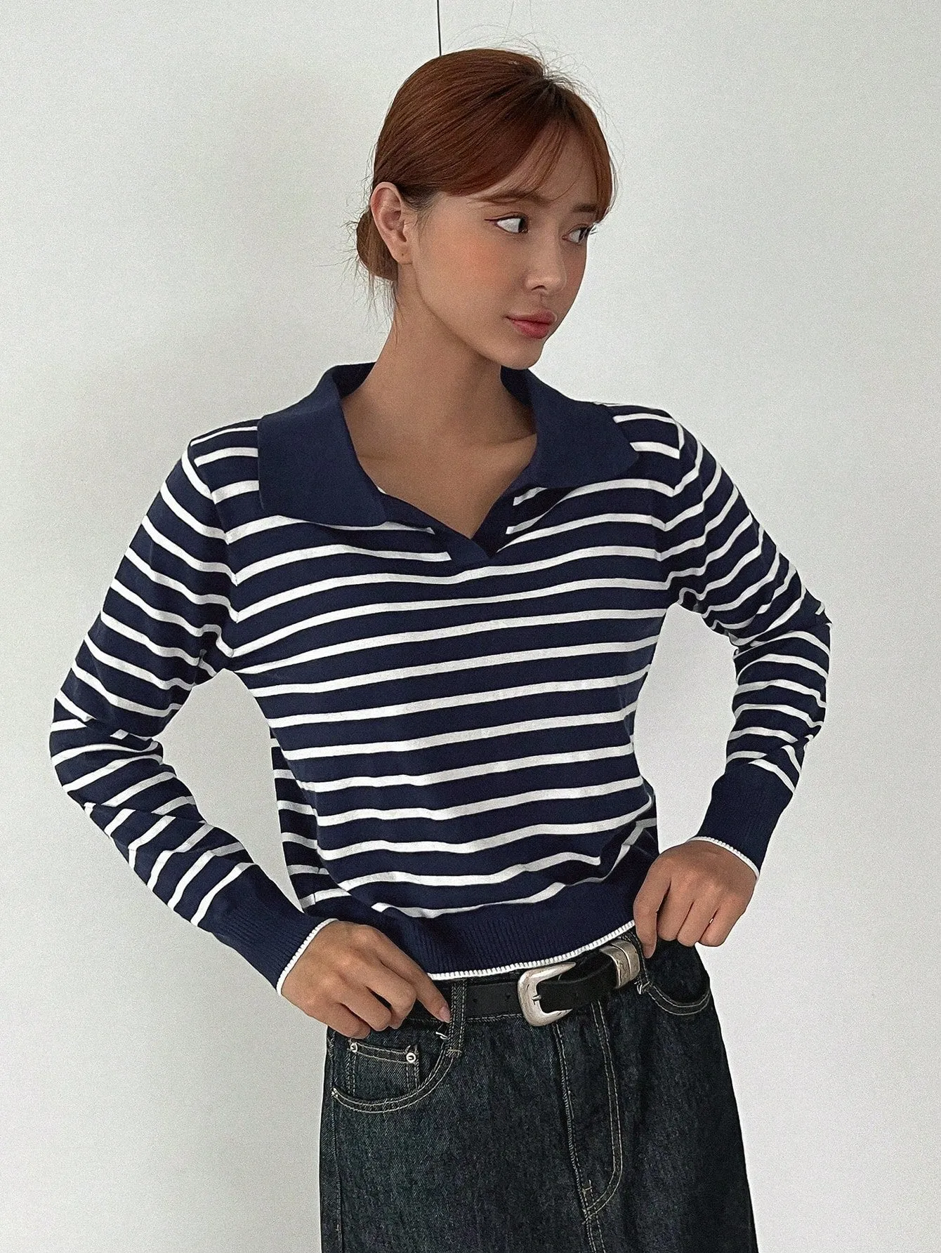 DAZY Striped Pattern Collared Sweater