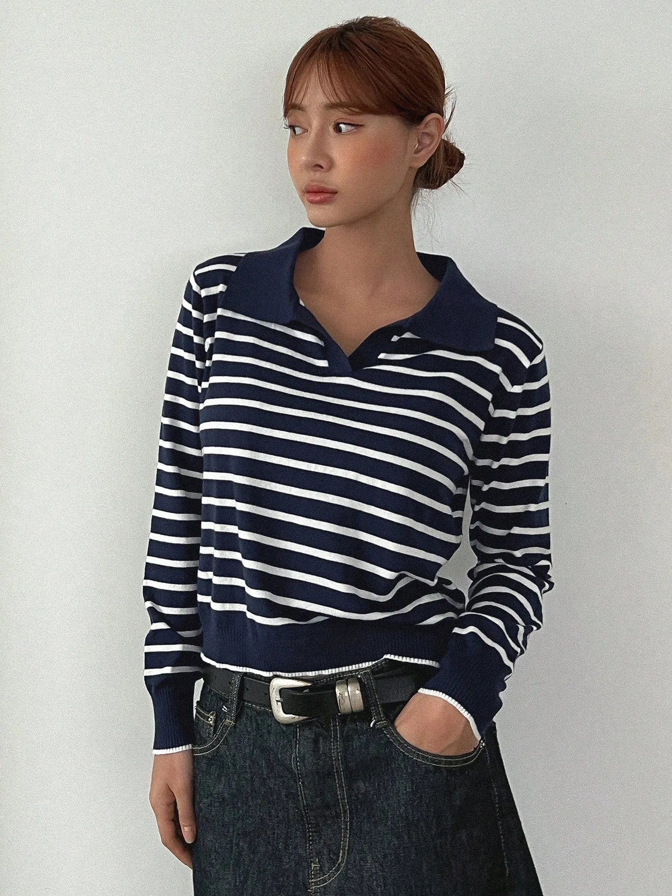 DAZY Striped Pattern Collared Sweater