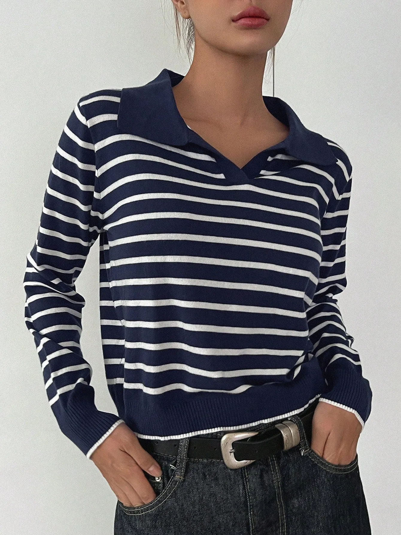 DAZY Striped Pattern Collared Sweater