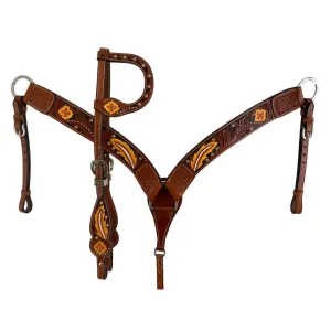 Double T® Painted Floral and Feather design one ear bridle and breast collar set with silver and rhinestone bead accents.