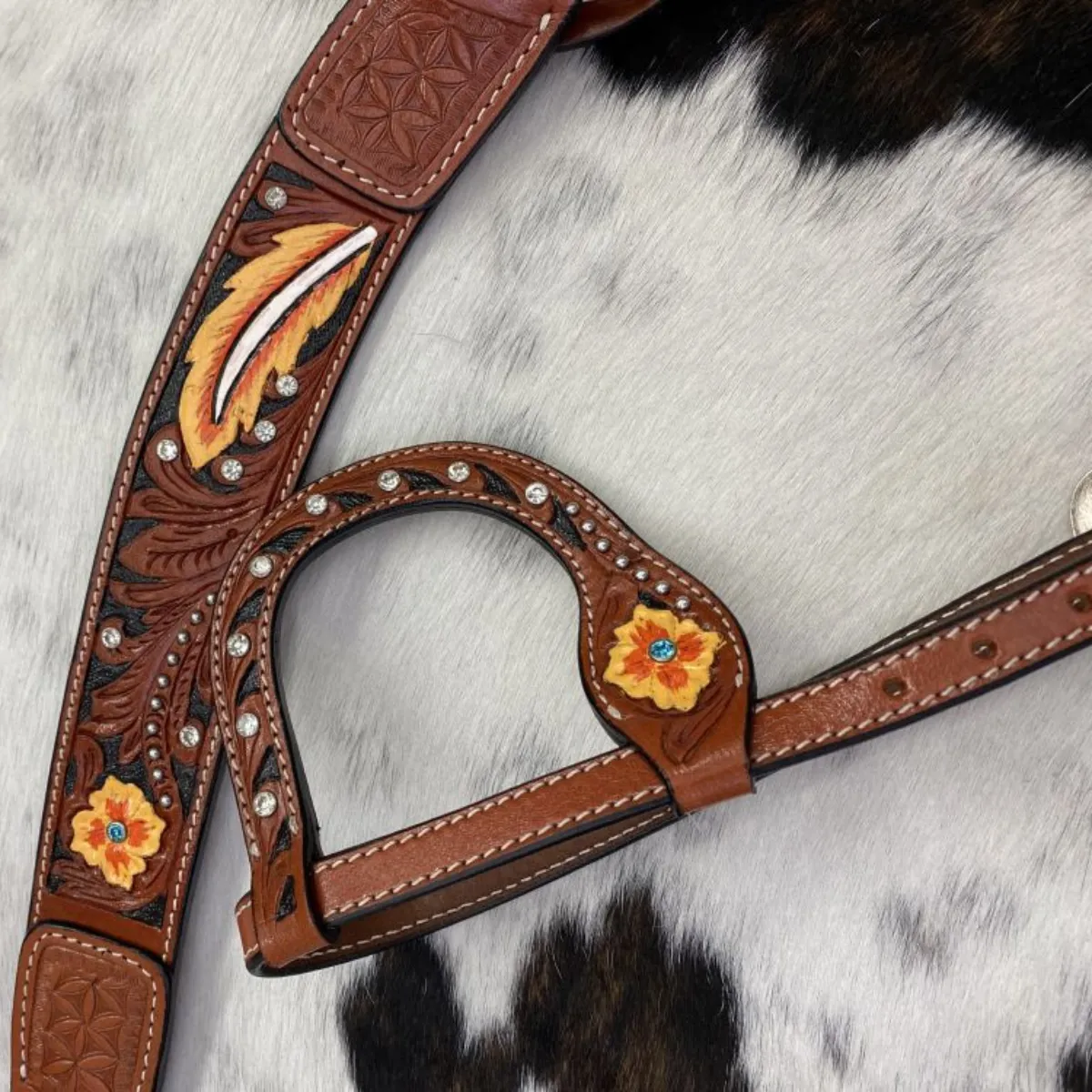 Double T® Painted Floral and Feather design one ear bridle and breast collar set with silver and rhinestone bead accents.