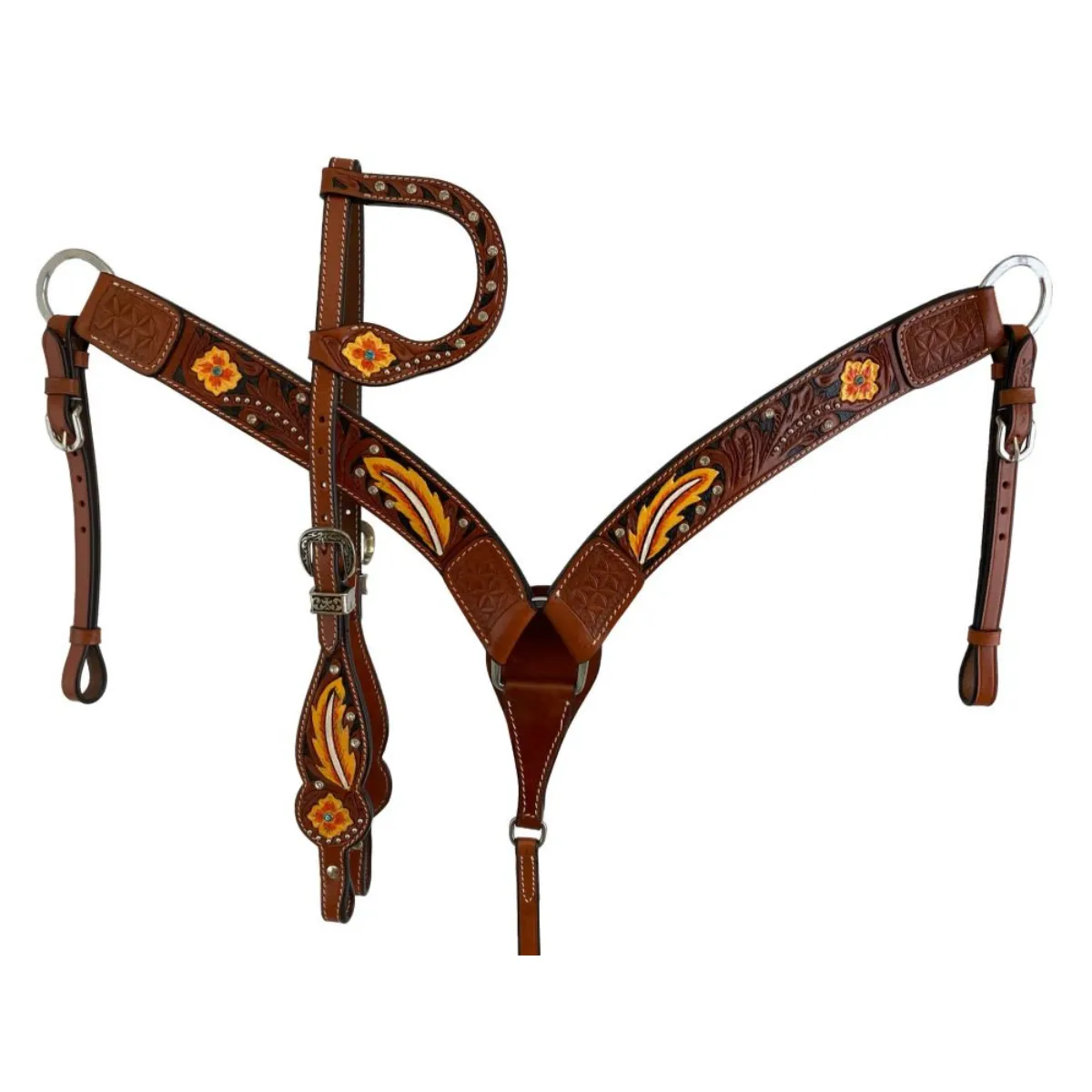 Double T® Painted Floral and Feather design one ear bridle and breast collar set with silver and rhinestone bead accents.