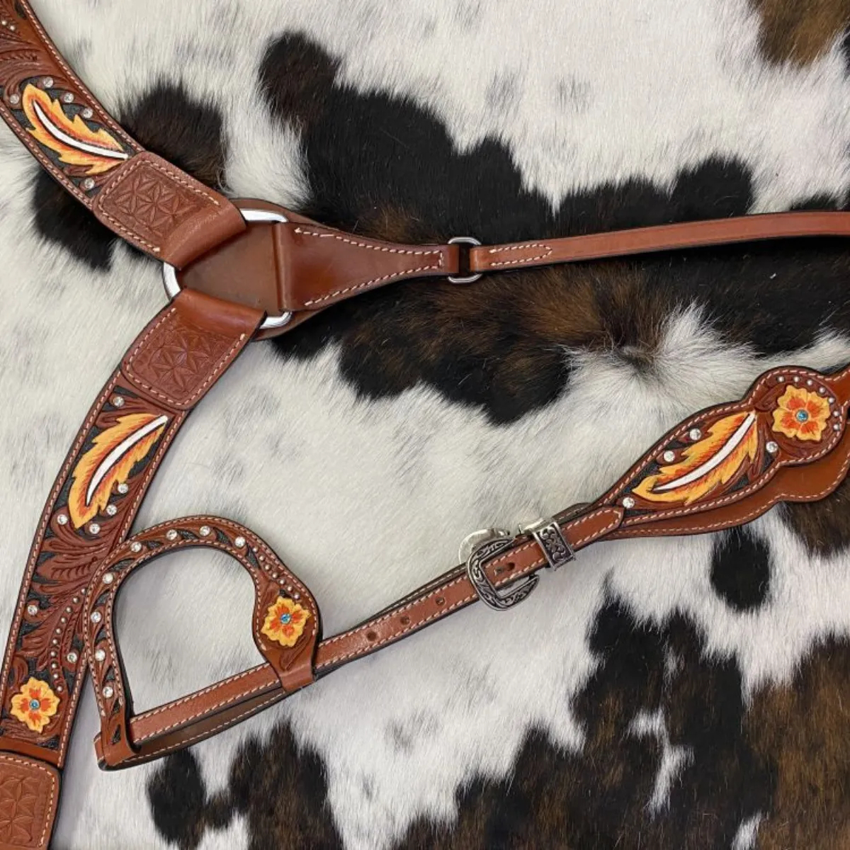 Double T® Painted Floral and Feather design one ear bridle and breast collar set with silver and rhinestone bead accents.