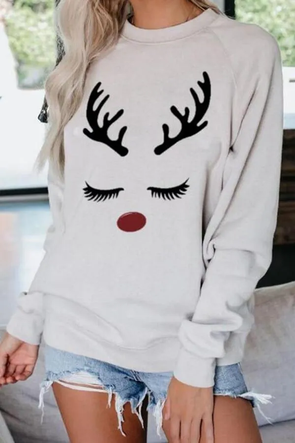 Elk Print Round Collar Sweatshirt