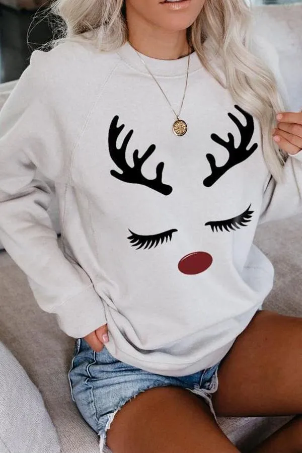 Elk Print Round Collar Sweatshirt