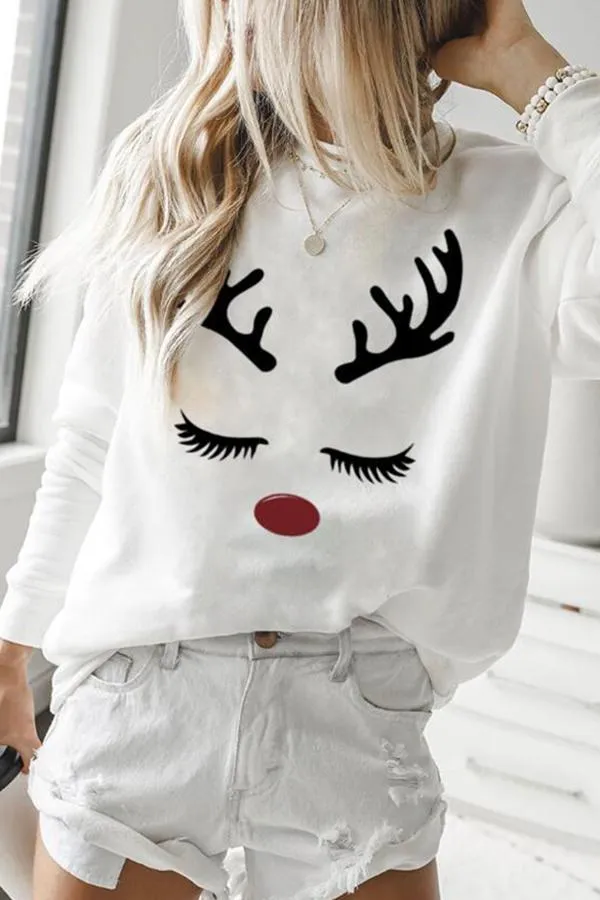 Elk Print Round Collar Sweatshirt