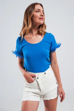 Embellished top with faux feather cuffs in blue