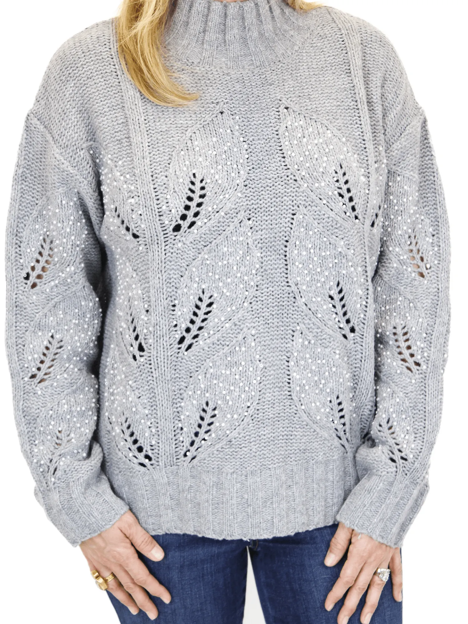 Esqualo Pearl Embellished Melange Sweater - Gray