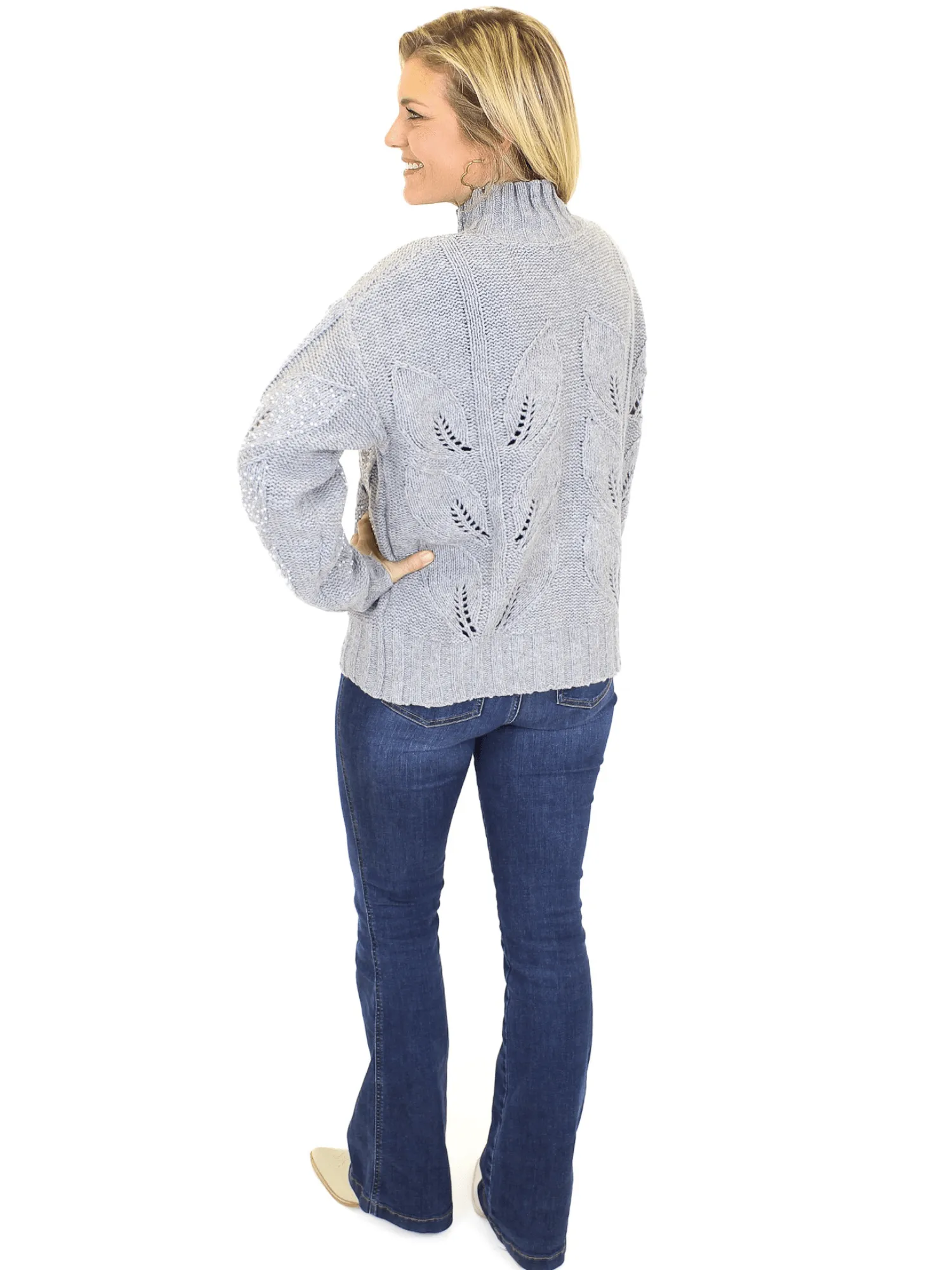 Esqualo Pearl Embellished Melange Sweater - Gray