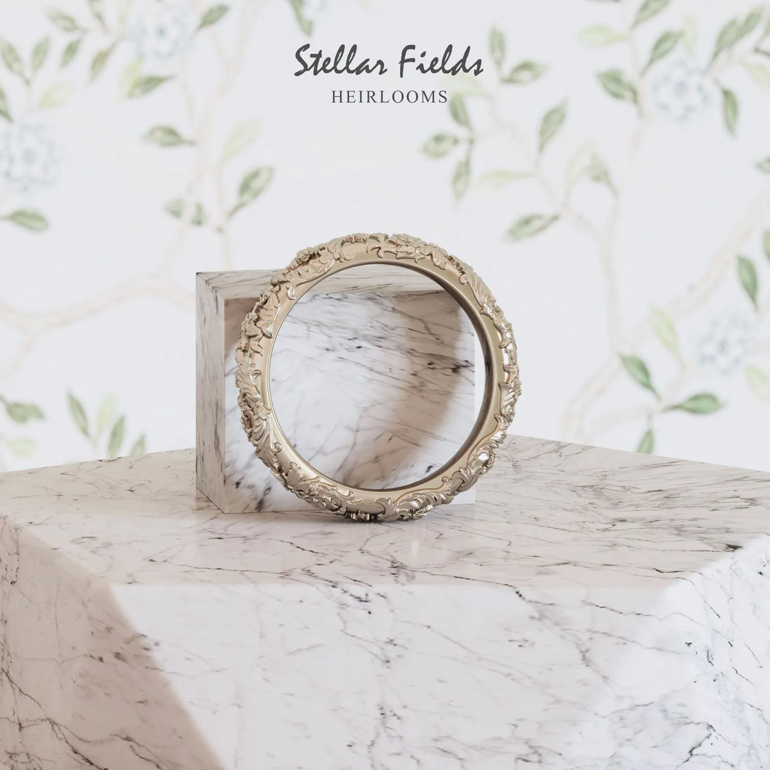 Eternity Wedding Ring Unique Sculpted Floral Foliage 4mm Wide - Caroline Ring