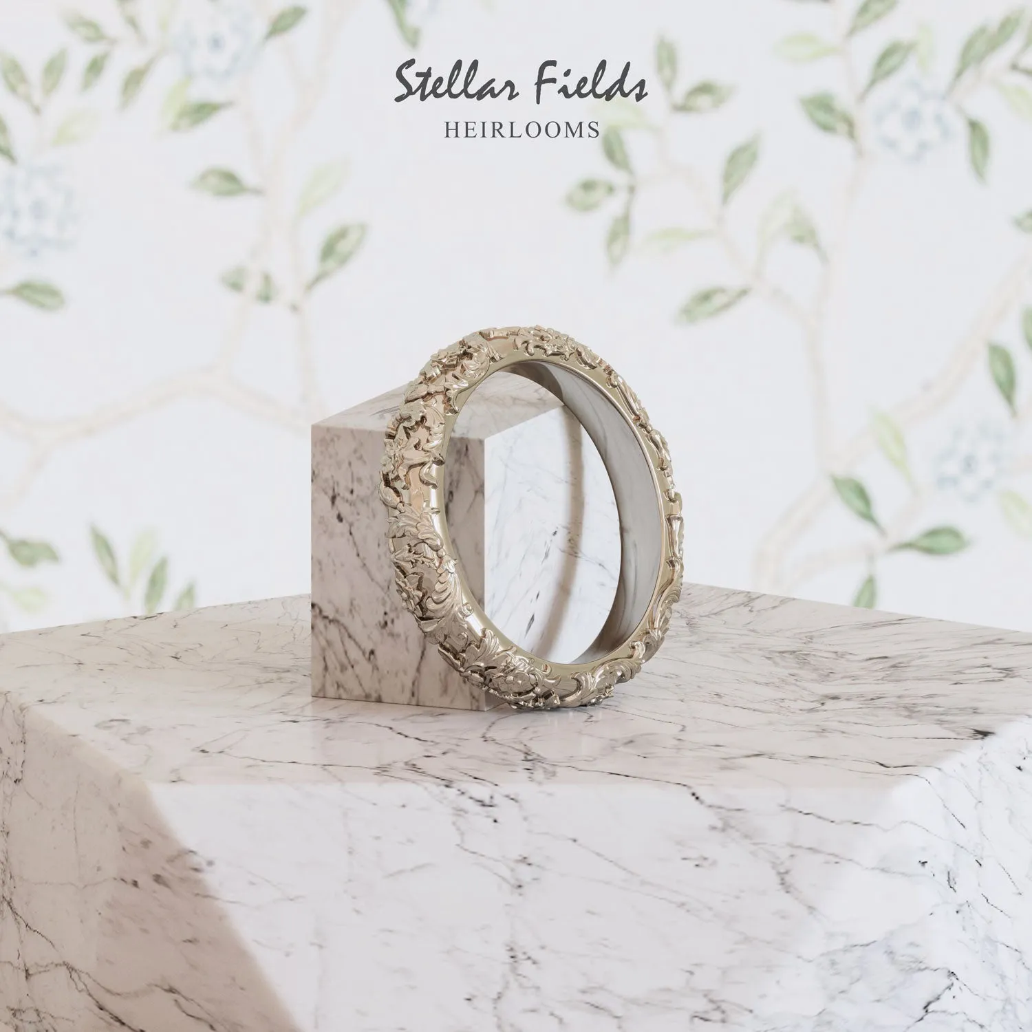 Eternity Wedding Ring Unique Sculpted Floral Foliage 4mm Wide - Caroline Ring