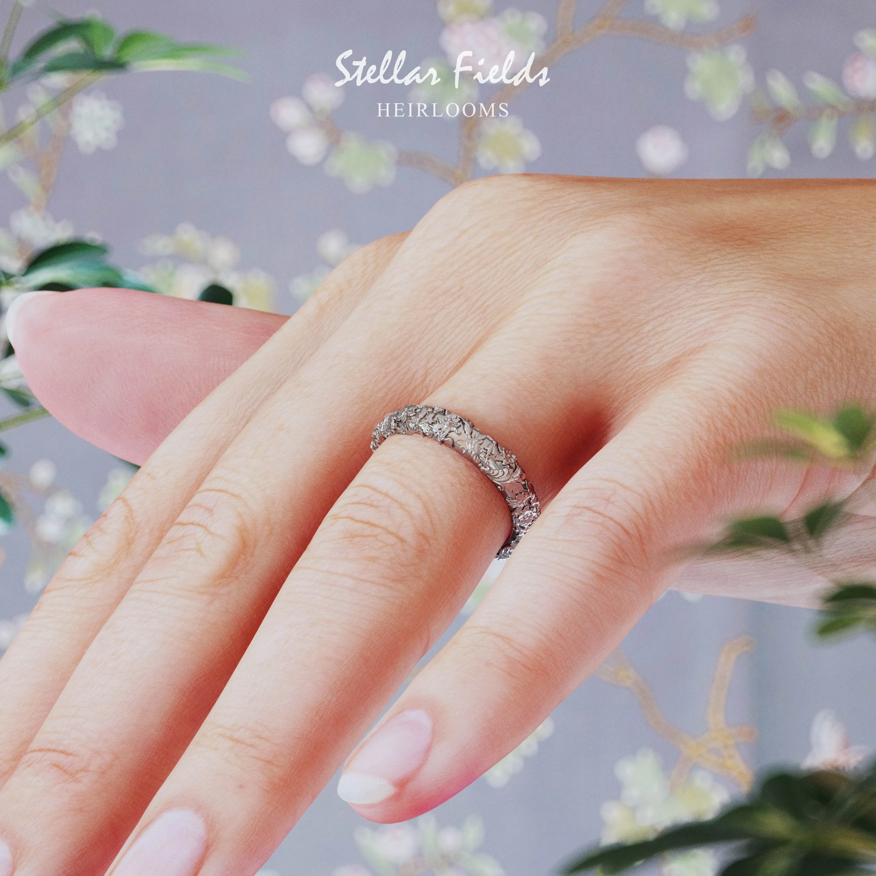 Eternity Wedding Ring Unique Sculpted Floral Foliage 4mm Wide - Caroline Ring