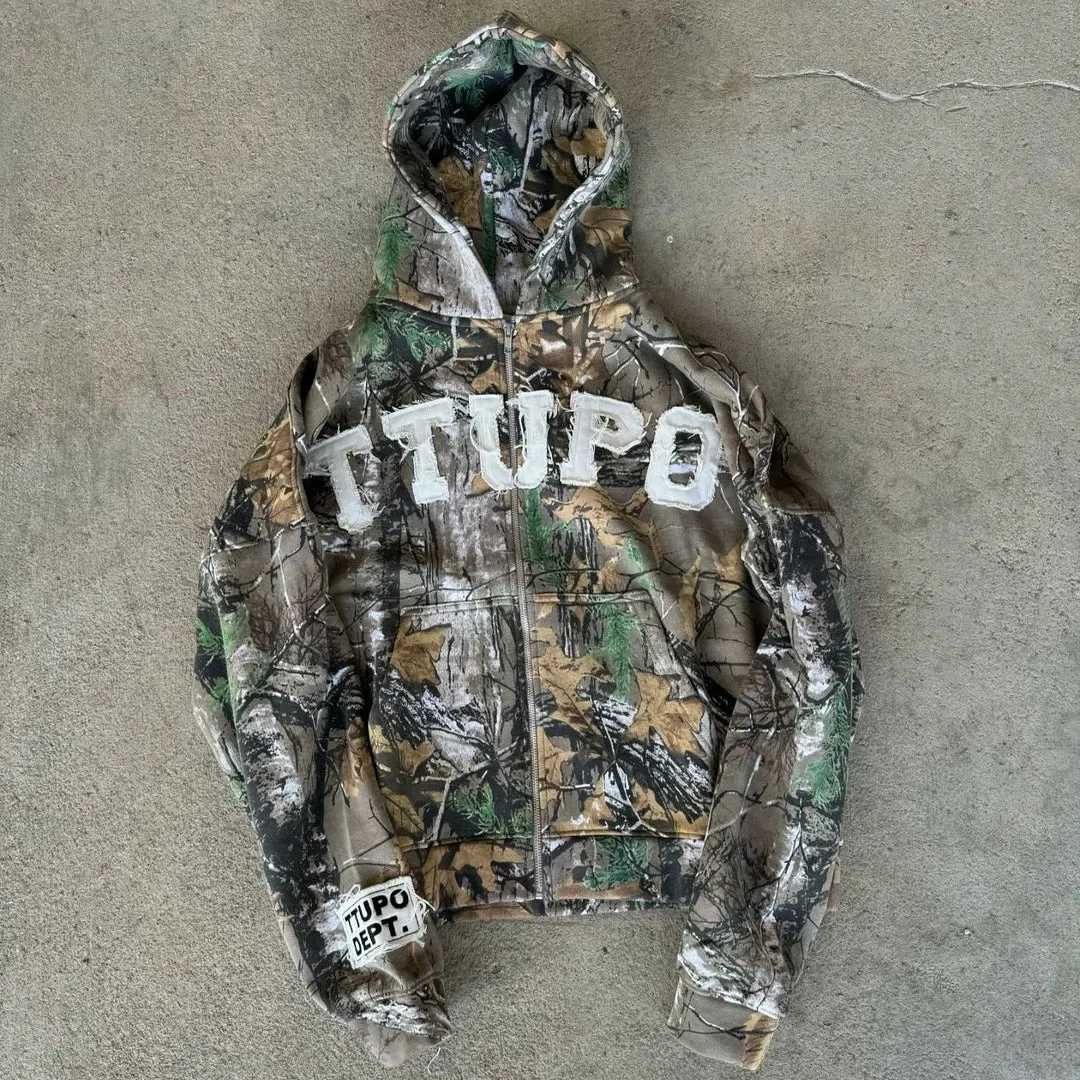 European & American Retro Camouflage Embroidered Letter Zipper Hoodie - Y2K Loose Hip-hop Streetwear for Men & Women
