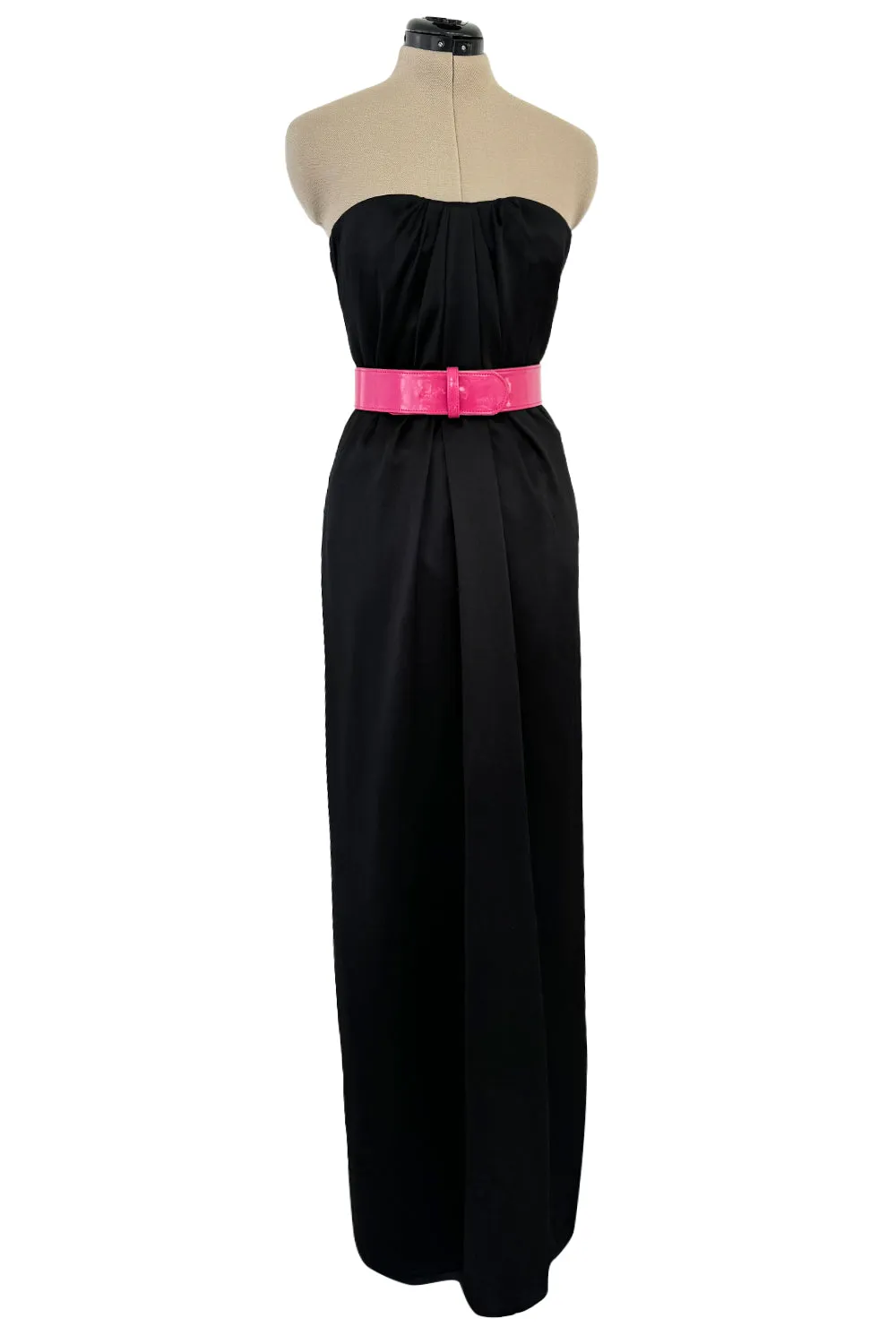 Fabulous 2008 Alexander McQueen Strapless Black Silk Dress w Vibrant Pink Patent Leather Belt