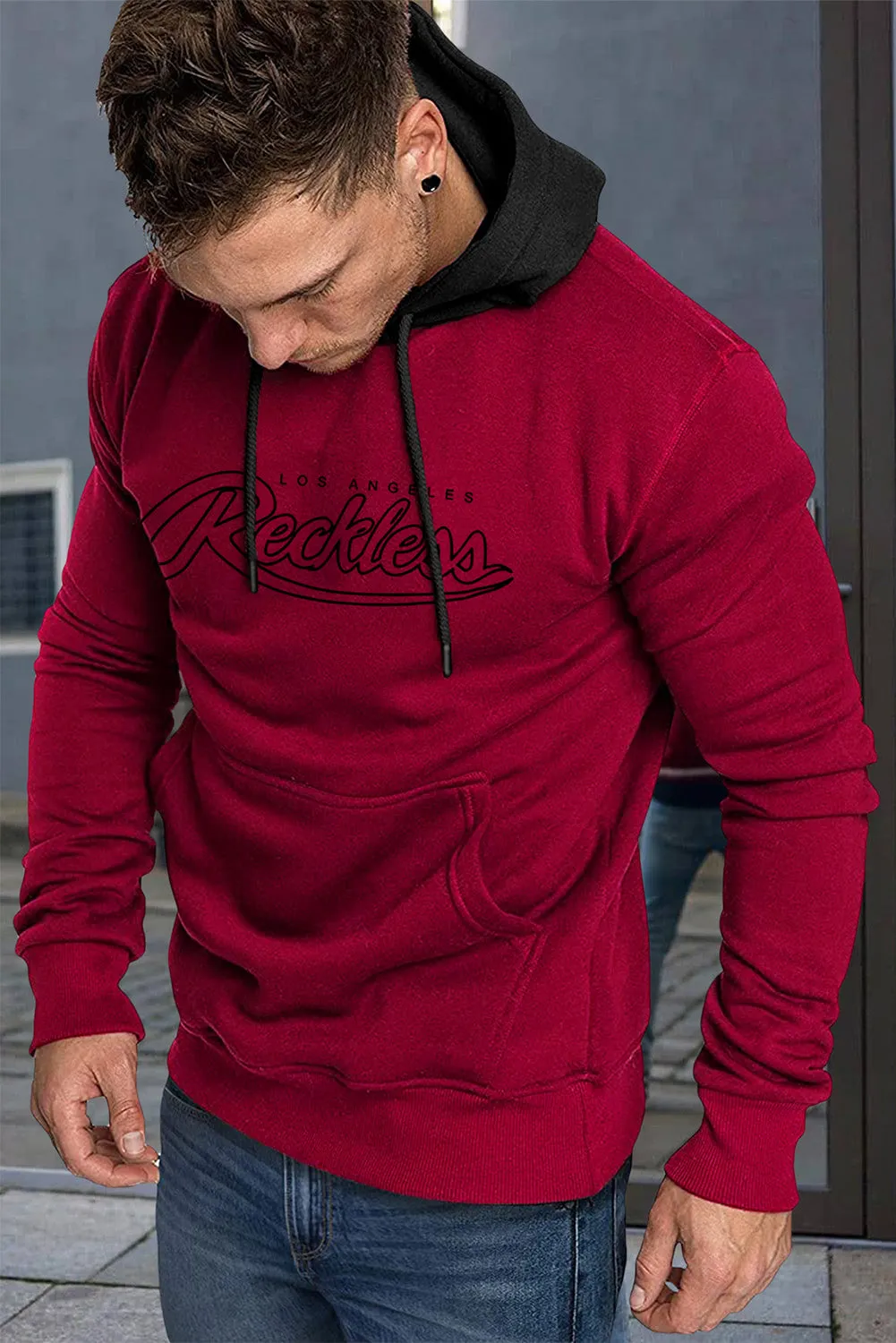 Fiery Red Los Angeles Reckless Print Color Block Men's Hoodie