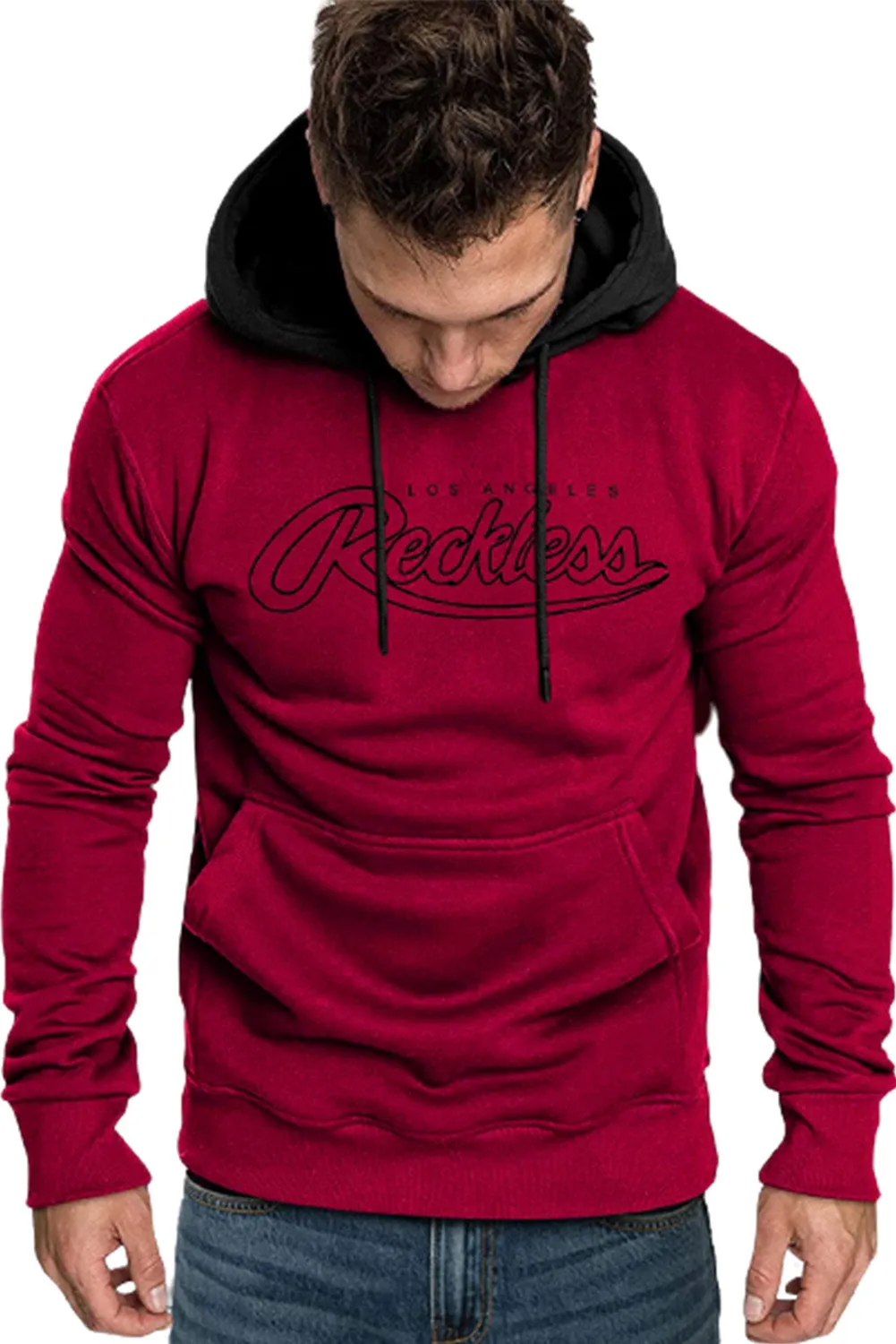 Fiery Red Los Angeles Reckless Print Color Block Men's Hoodie