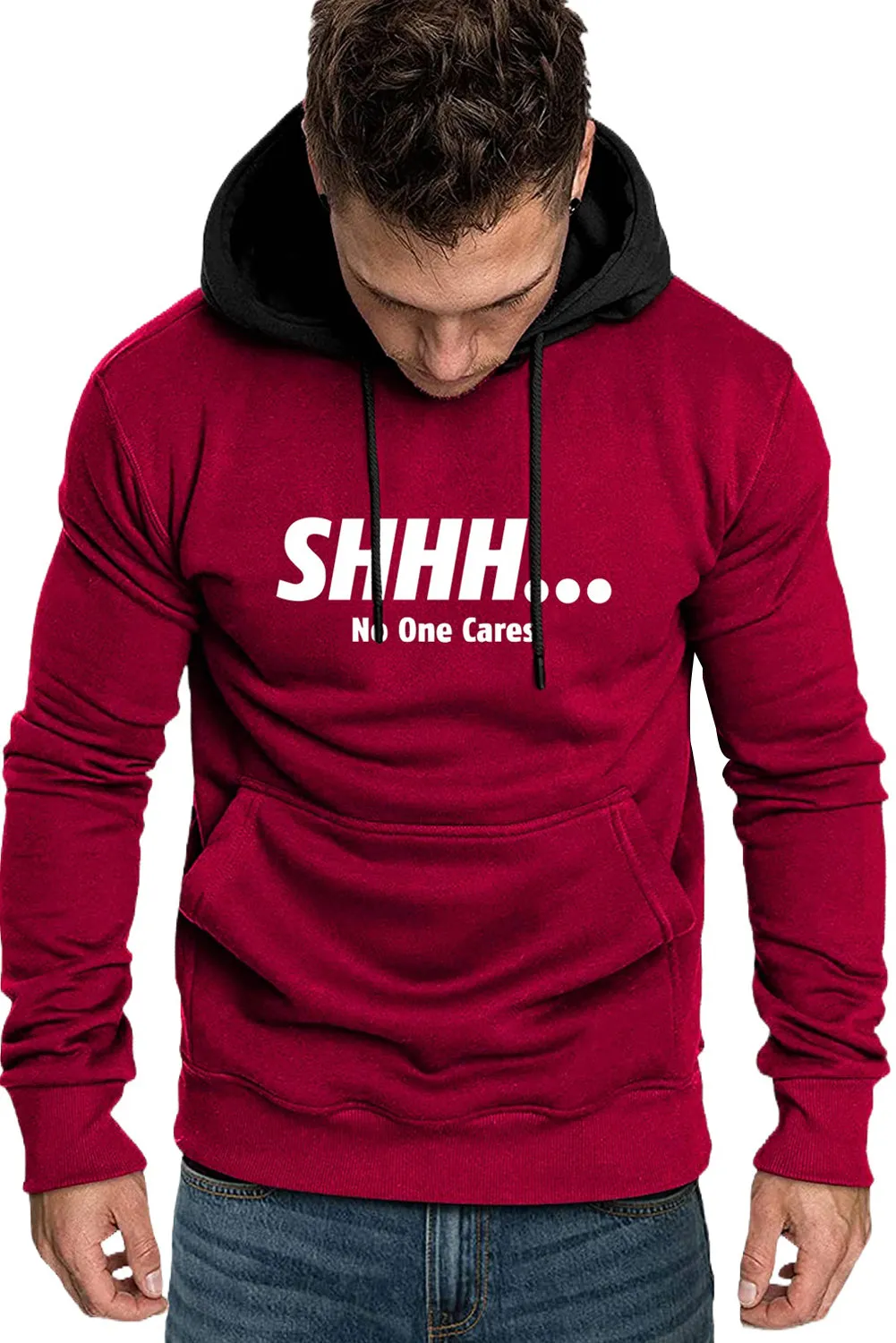 Fiery Red Men's Letter Print Color Block Slim-fit Pullover Hoodie