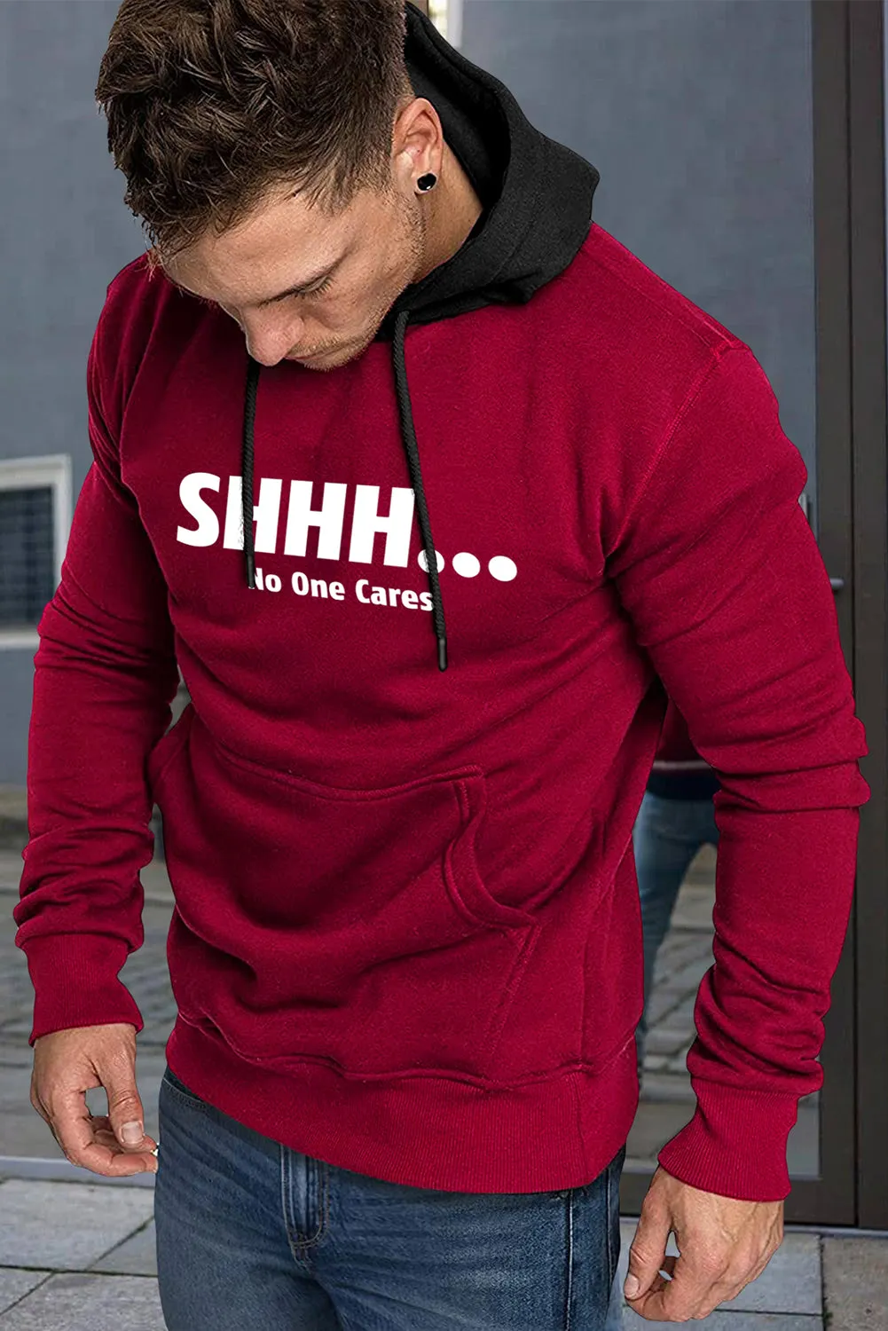 Fiery Red Men's Letter Print Color Block Slim-fit Pullover Hoodie