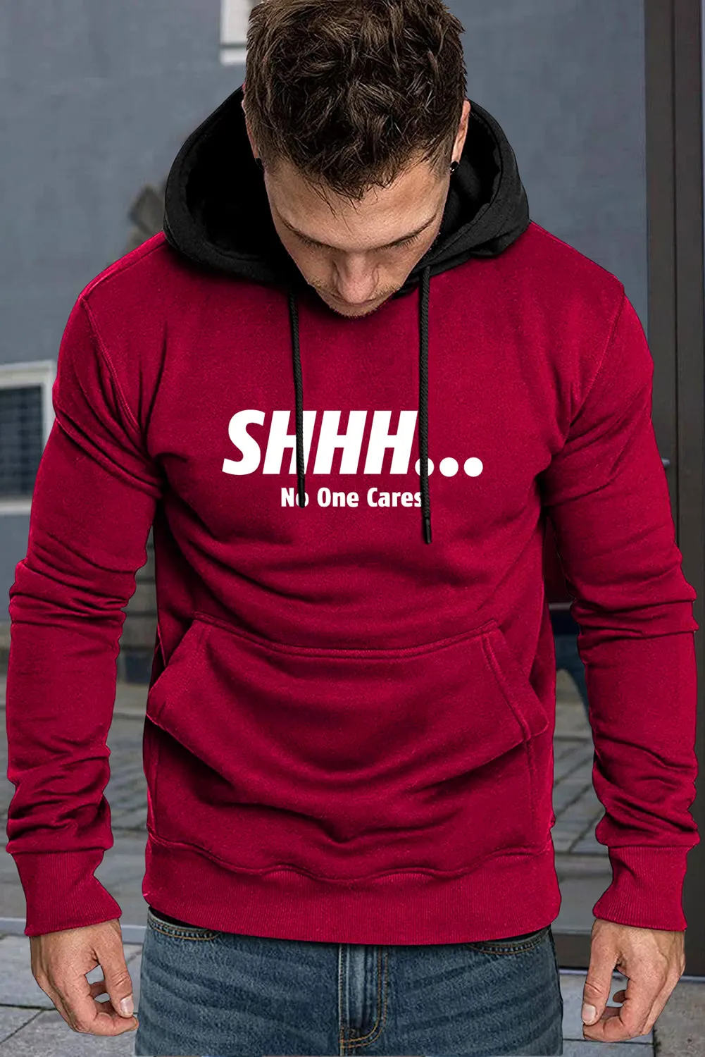 Fiery Red Men's Letter Print Color Block Slim-fit Pullover Hoodie