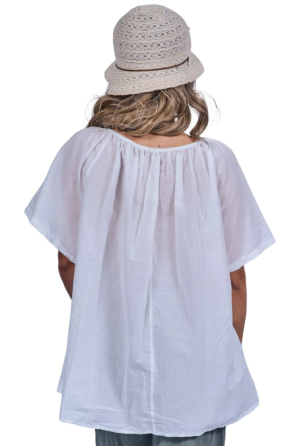 Floral Embroidered Pattern Slightly Curved Hem Cotton Top