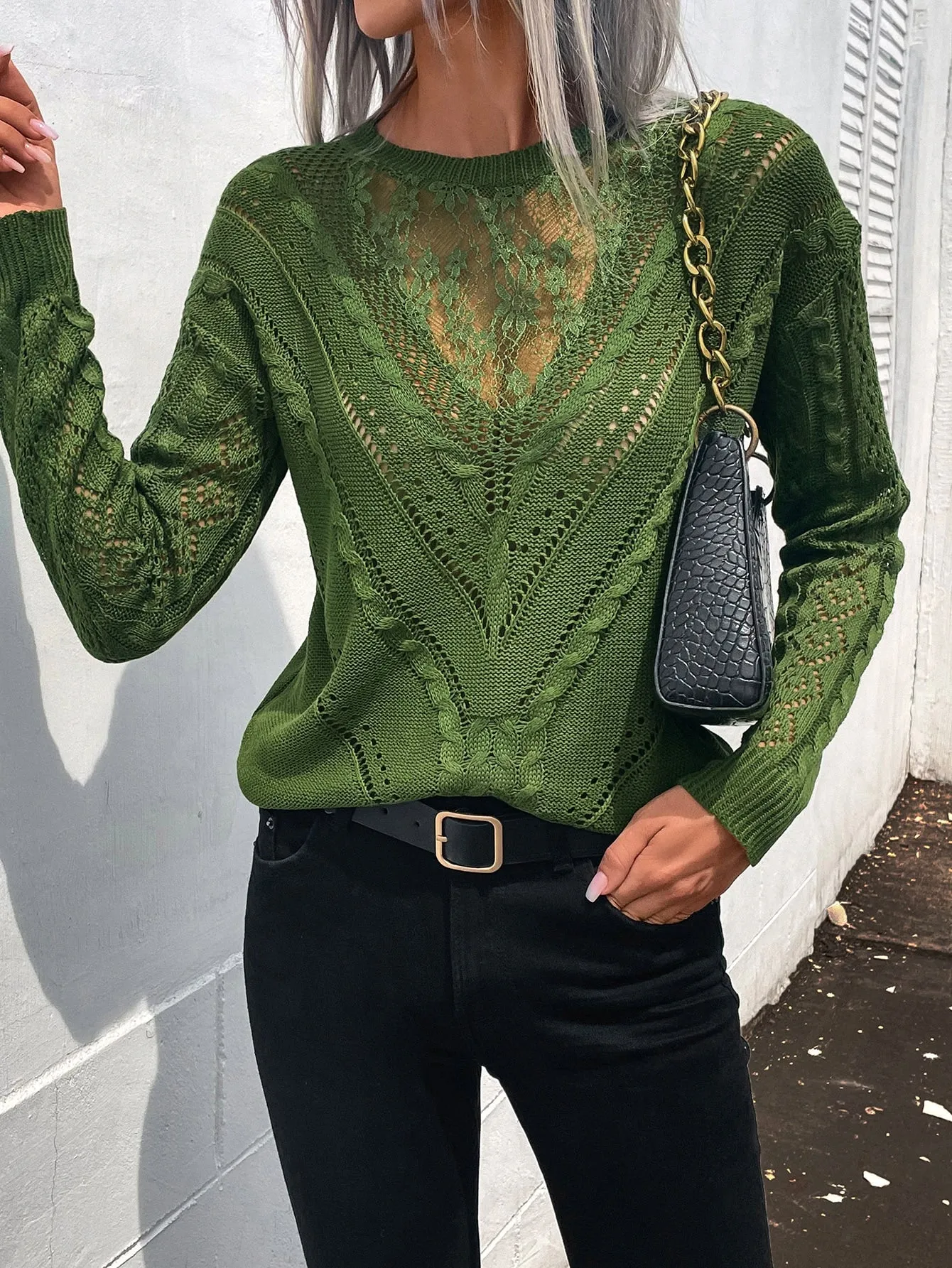 Frenchy Contrast Lace Drop Shoulder Sweater
