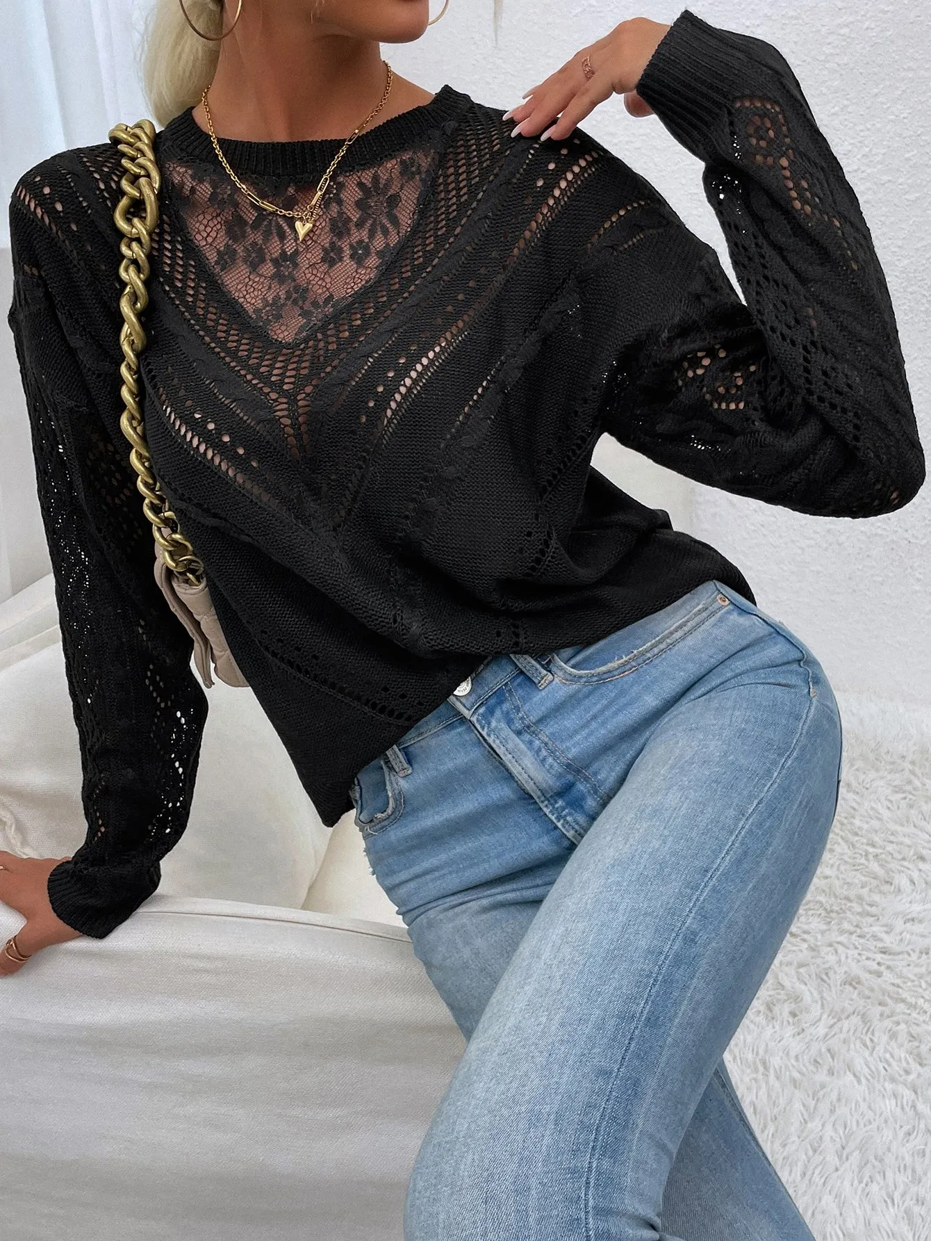 Frenchy Contrast Lace Drop Shoulder Sweater