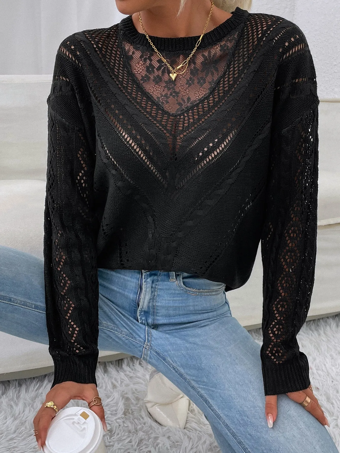 Frenchy Contrast Lace Drop Shoulder Sweater
