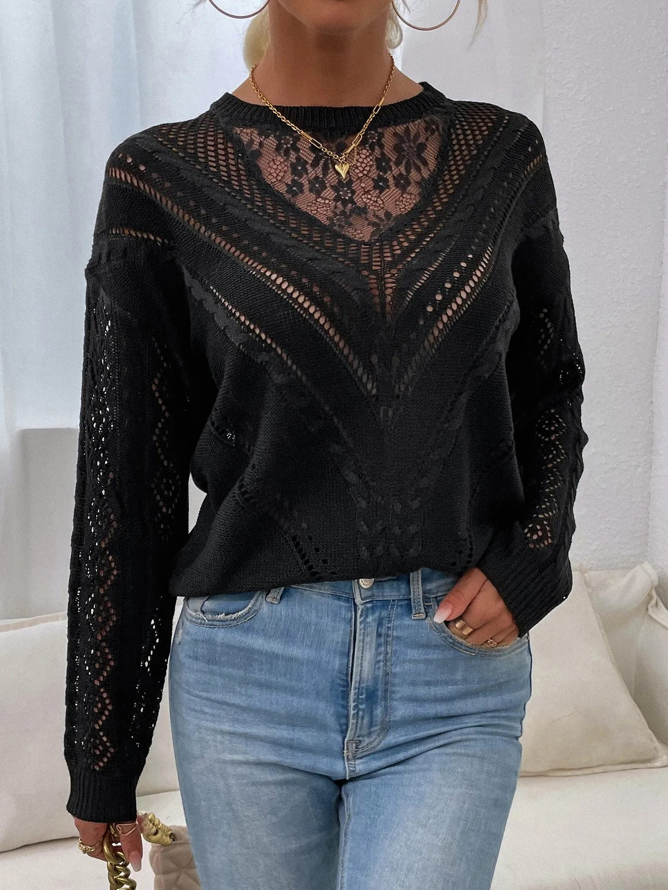 Frenchy Contrast Lace Drop Shoulder Sweater