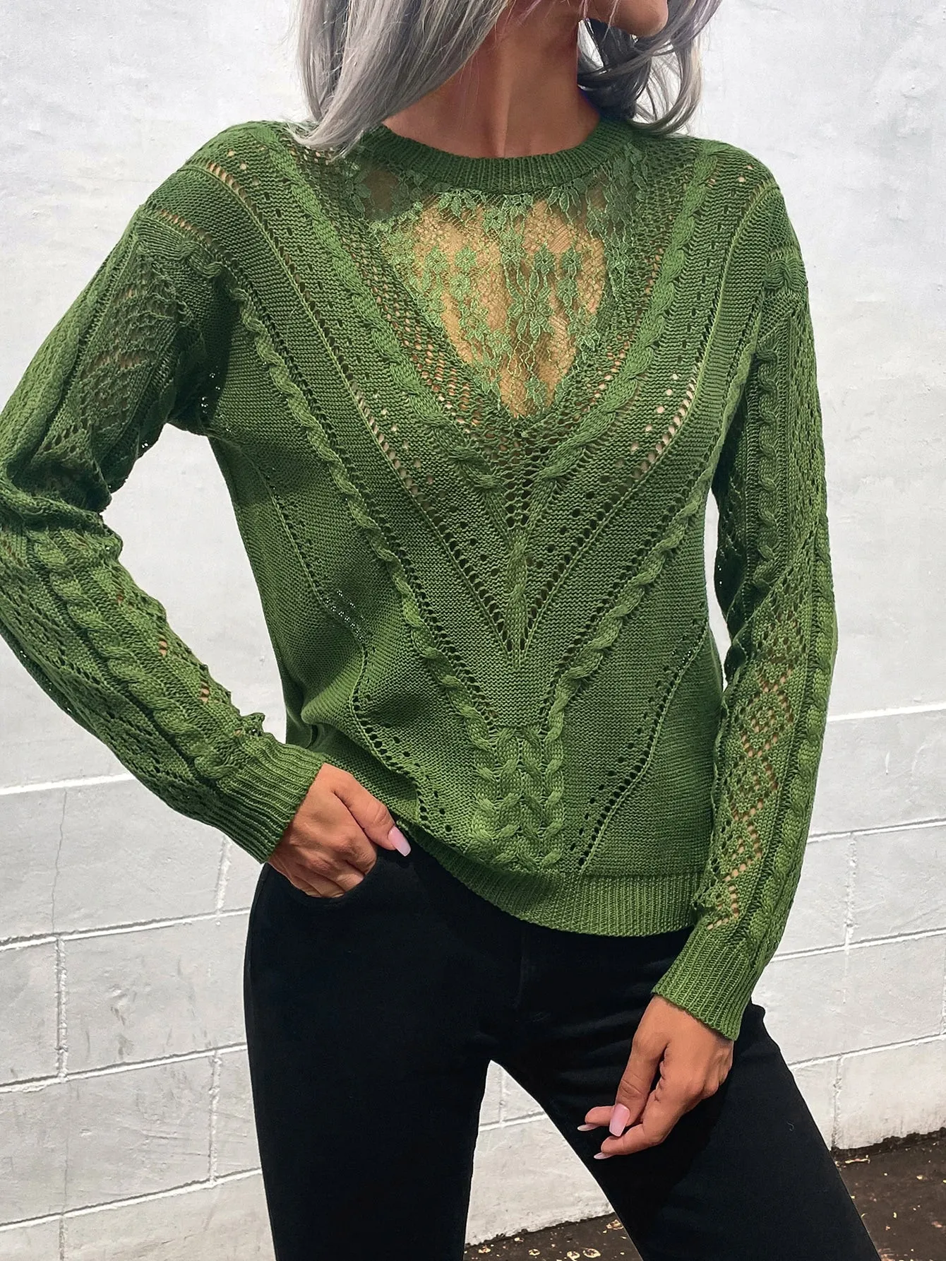 Frenchy Contrast Lace Drop Shoulder Sweater