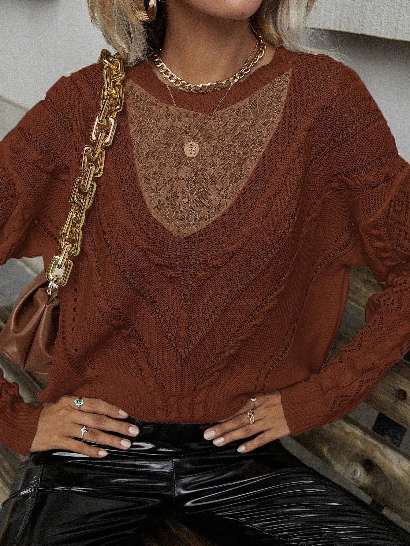 Frenchy Contrast Lace Drop Shoulder Sweater