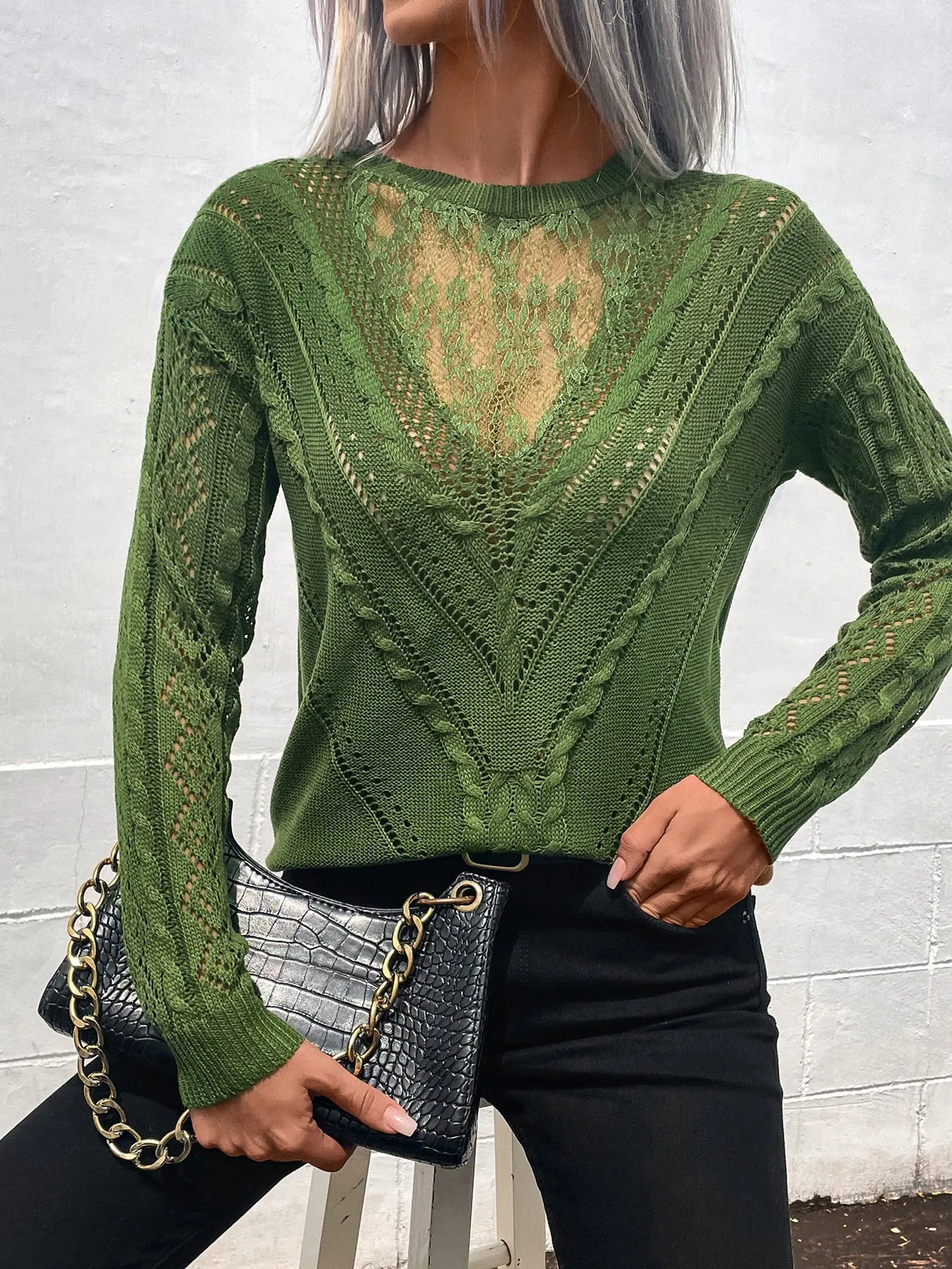 Frenchy Contrast Lace Drop Shoulder Sweater