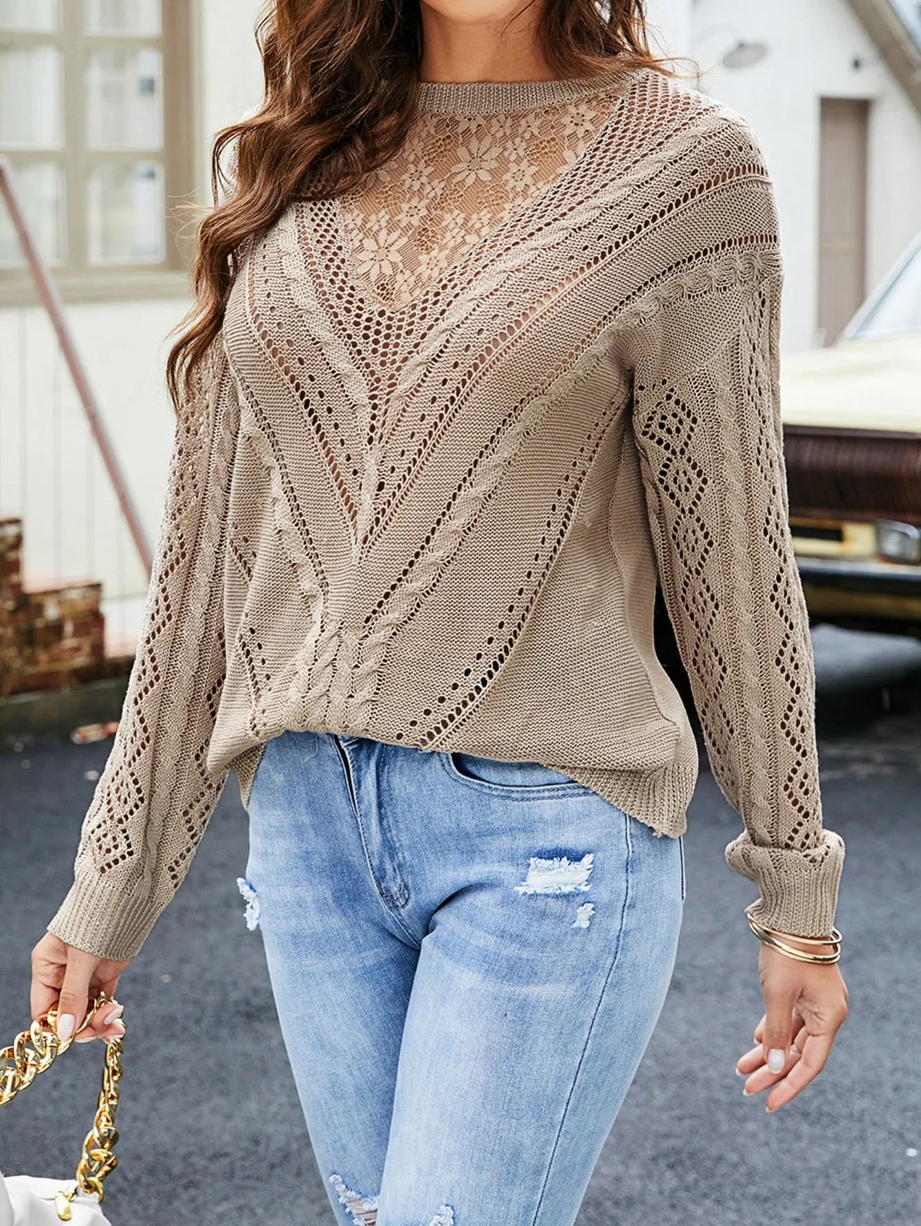 Frenchy Contrast Lace Drop Shoulder Sweater